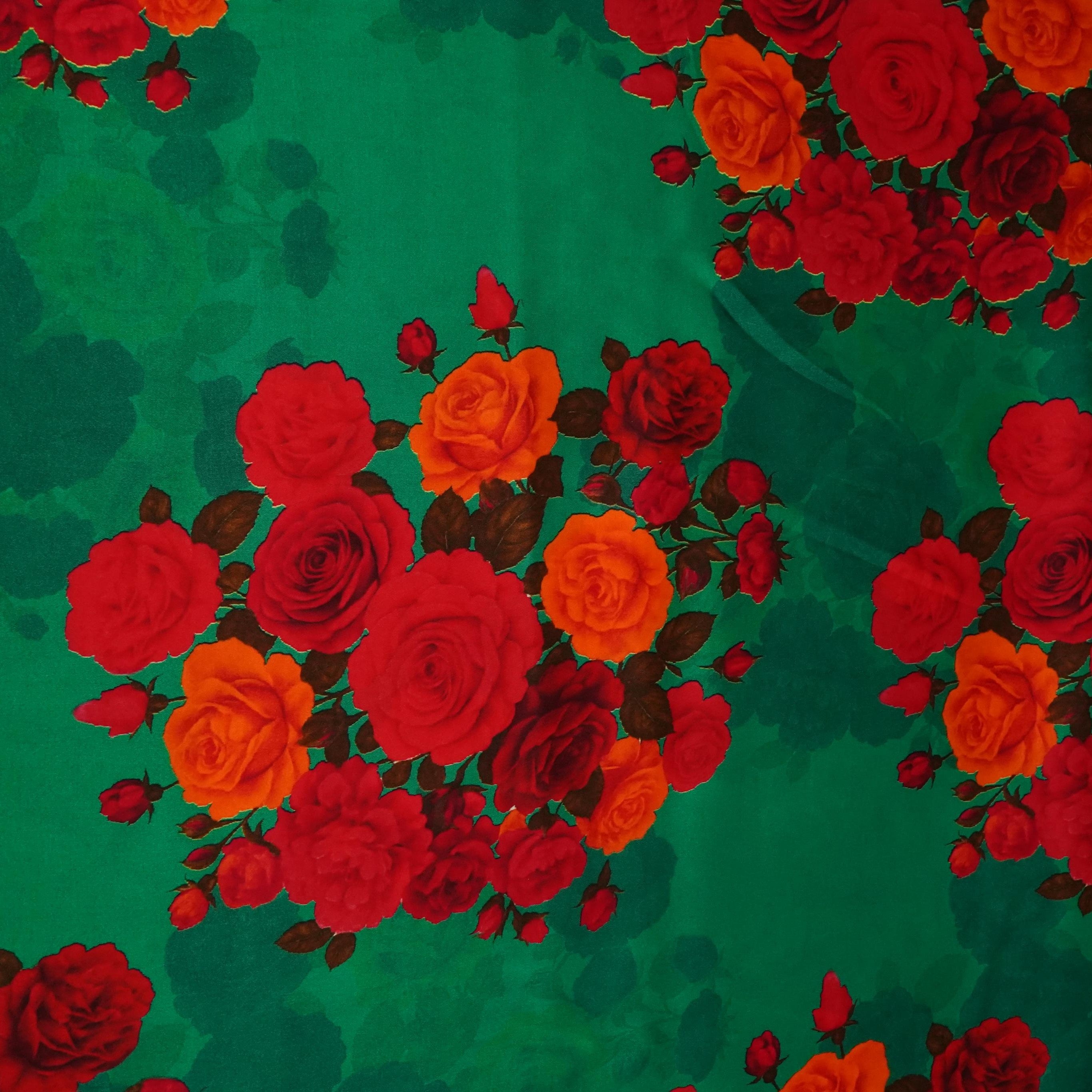 Green Floral Print Modal Satin Fabric MT-27987