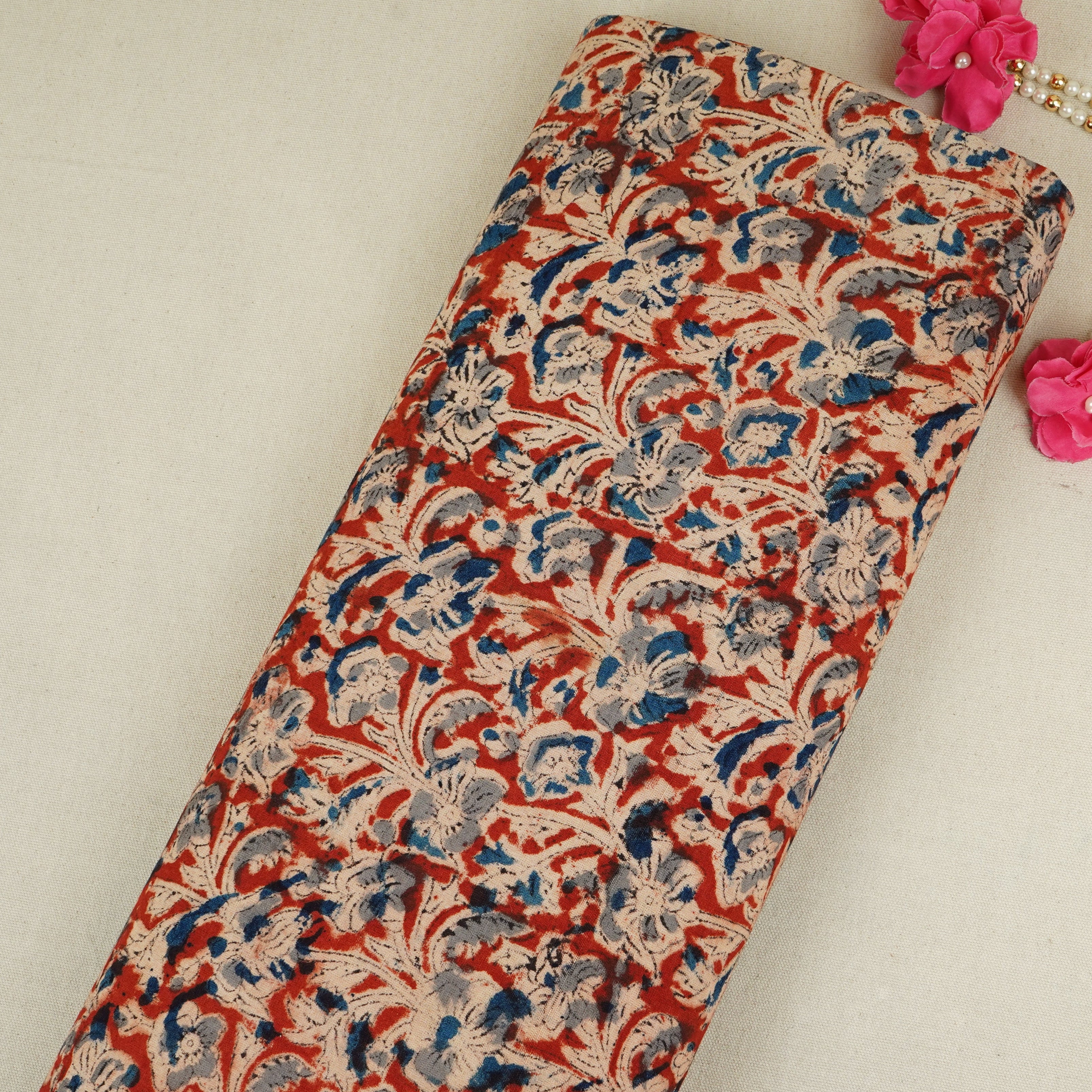 Red Kalamkari Print Cotton Fabric MFR-29844 - TradeUNO