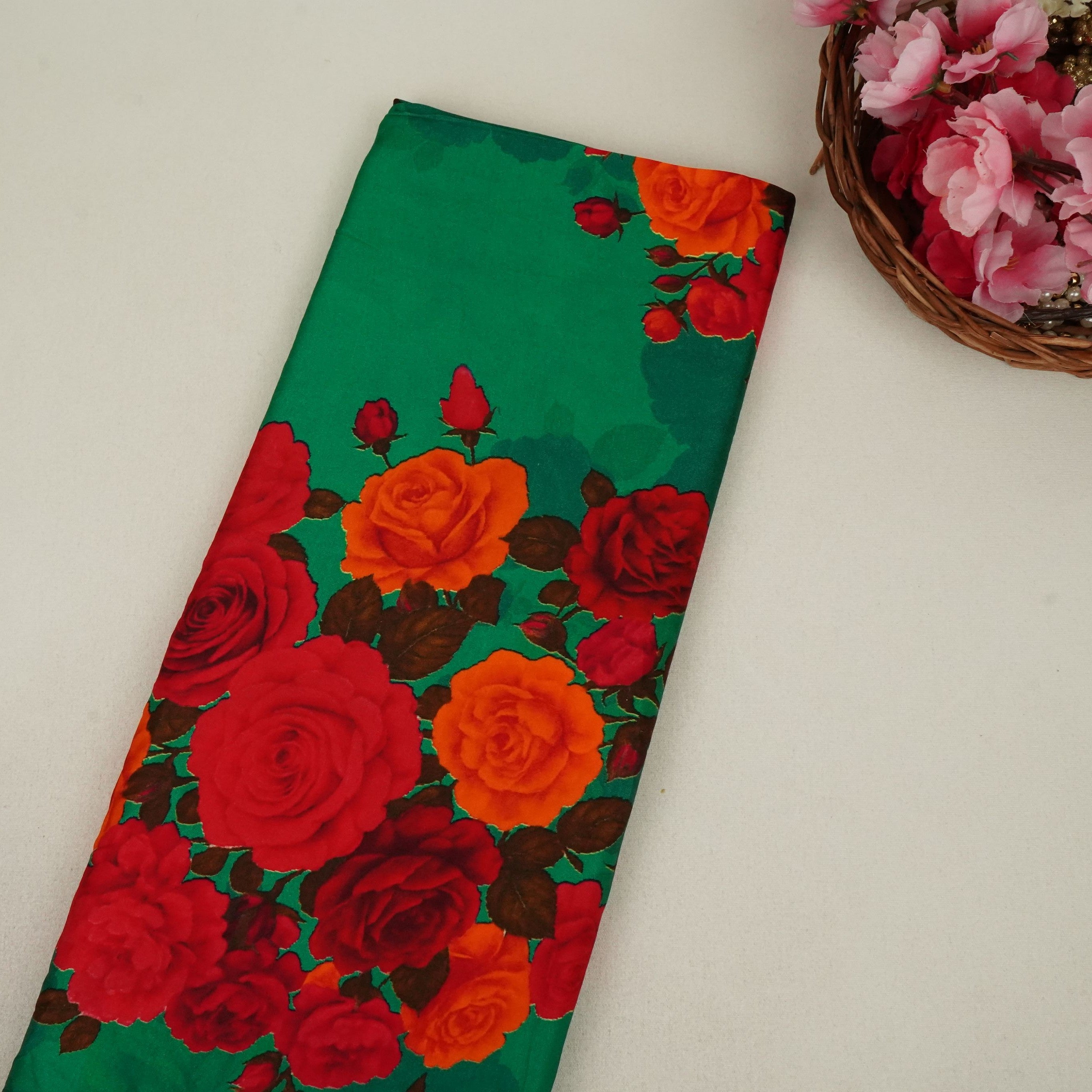 Green Floral Print Modal Satin Fabric MT-27987
