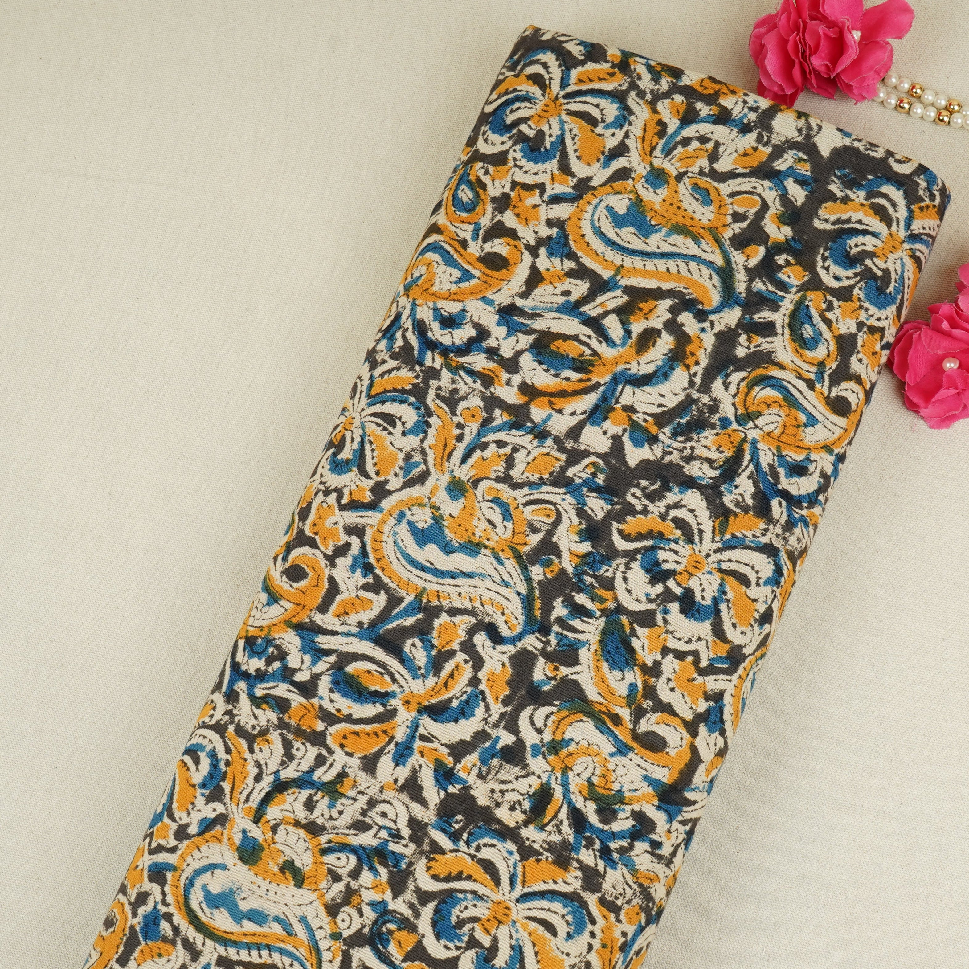 Yellow Kalamkari Print Cotton Fabric MFR-29847 - TradeUNO