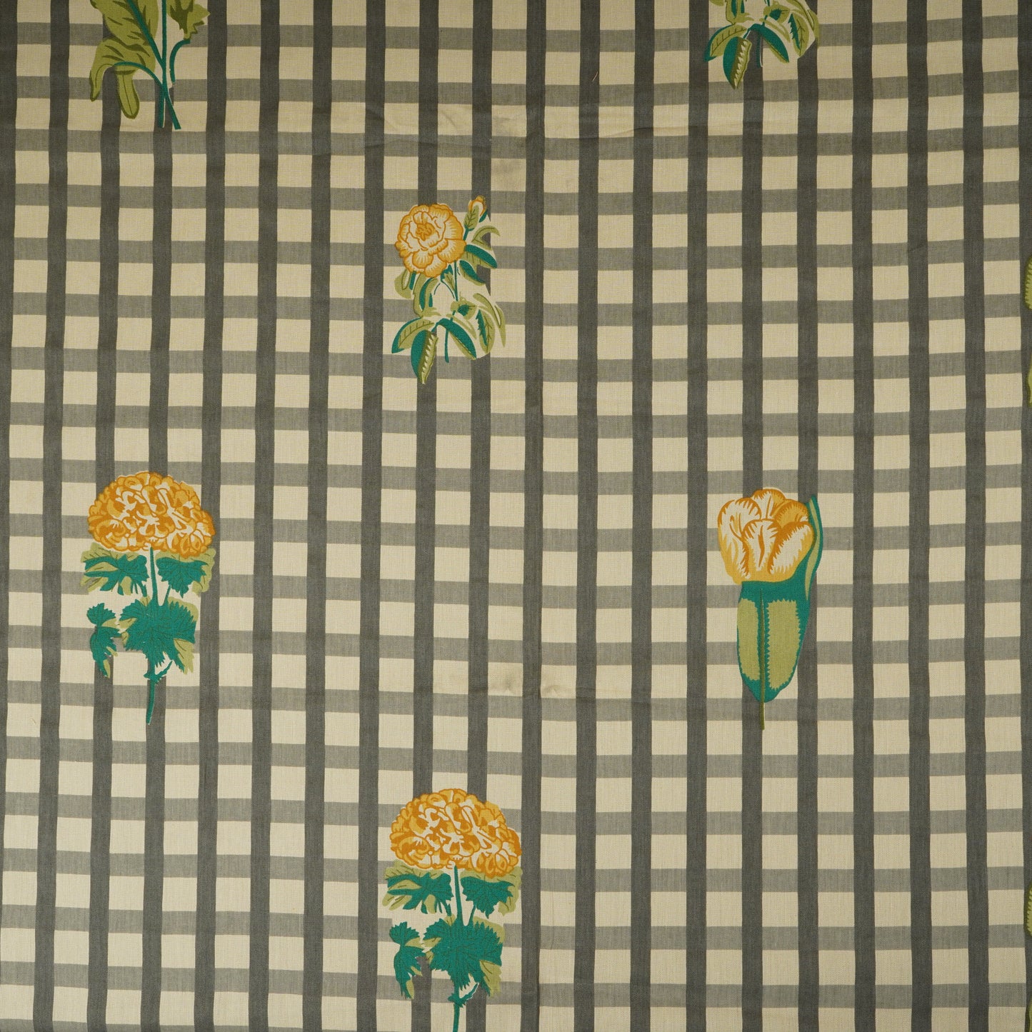 Yellow Floral Grey Check Print Cotton Fabric MFR-29861