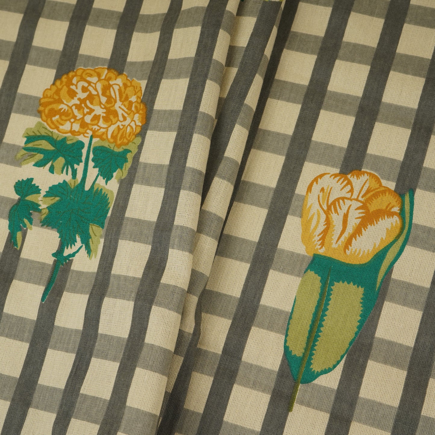 Yellow Floral Grey Check Print Cotton Fabric MFR-29861