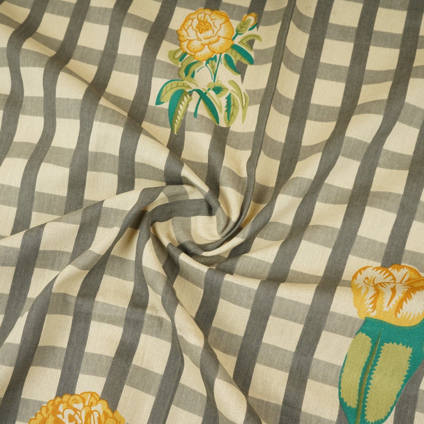 Yellow Floral Grey Check Print Cotton Fabric MFR-29861