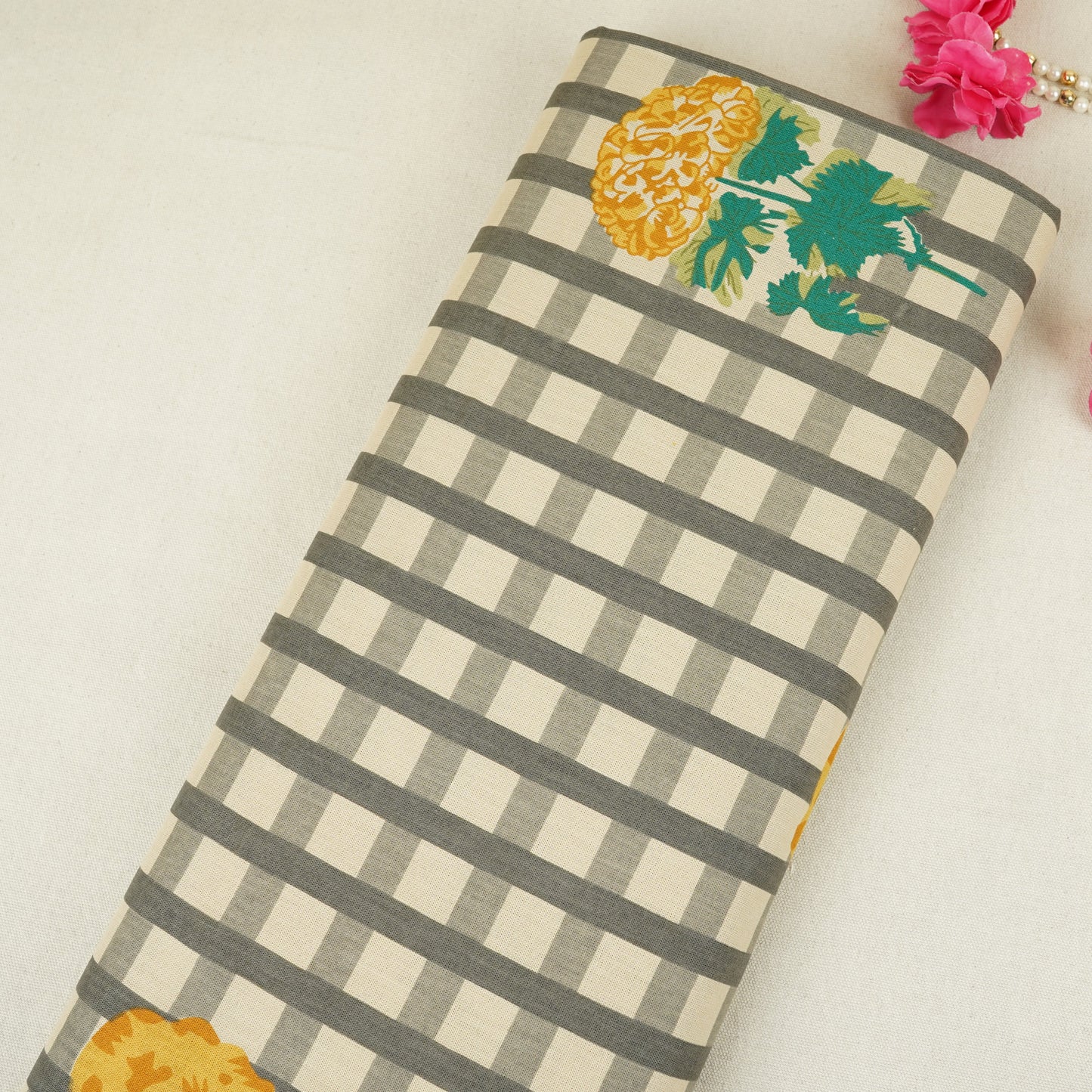 Yellow Floral Grey Check Print Cotton Fabric MFR-29861