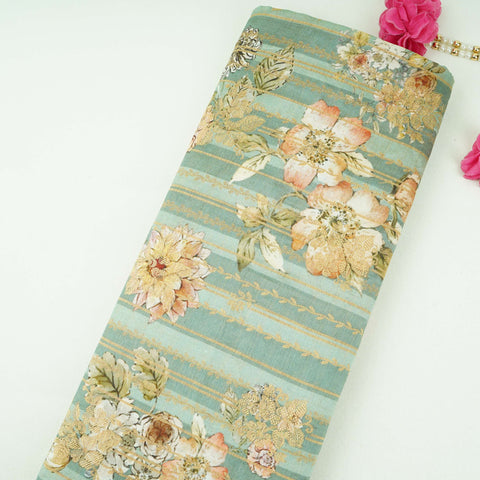 Sea Green floral Jacquard print Raw Mango Silk Fabric CW-31589