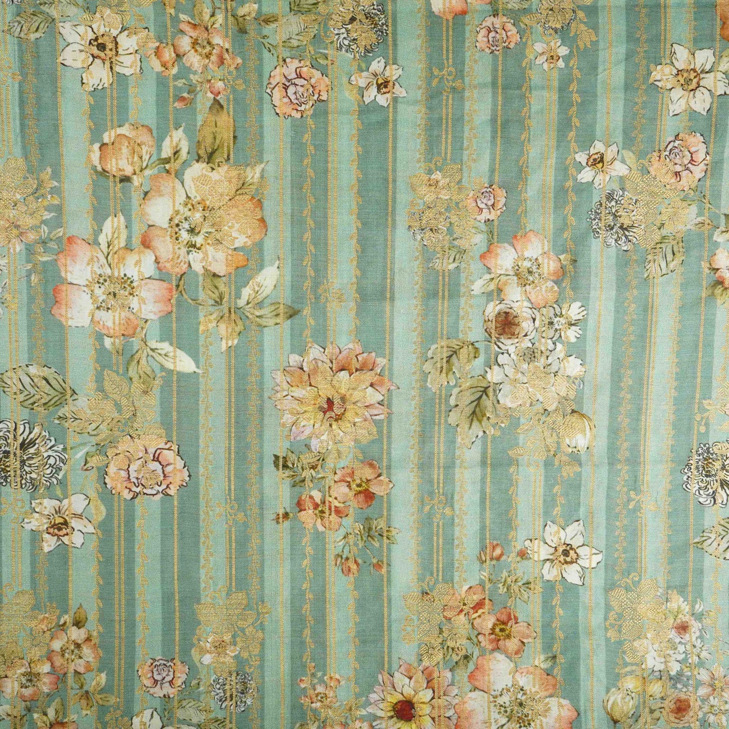 Sea Green floral Jacquard print Raw Mango Silk Fabric CW-31589