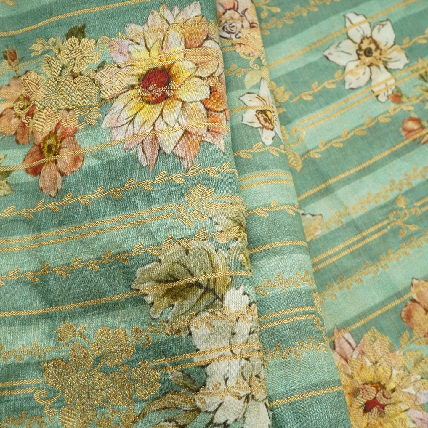 Sea Green floral Jacquard print Raw Mango Silk Fabric CW-31589