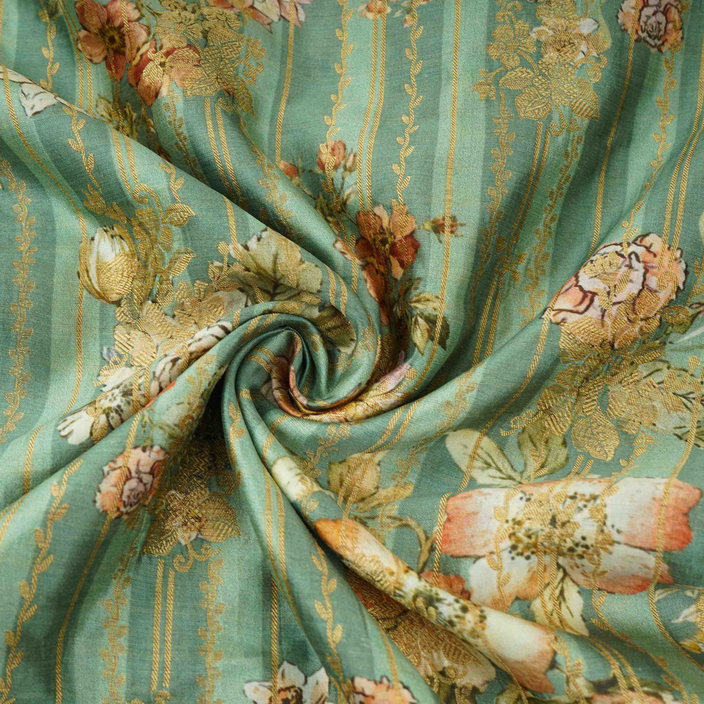 Sea Green floral Jacquard print Raw Mango Silk Fabric CW-31589