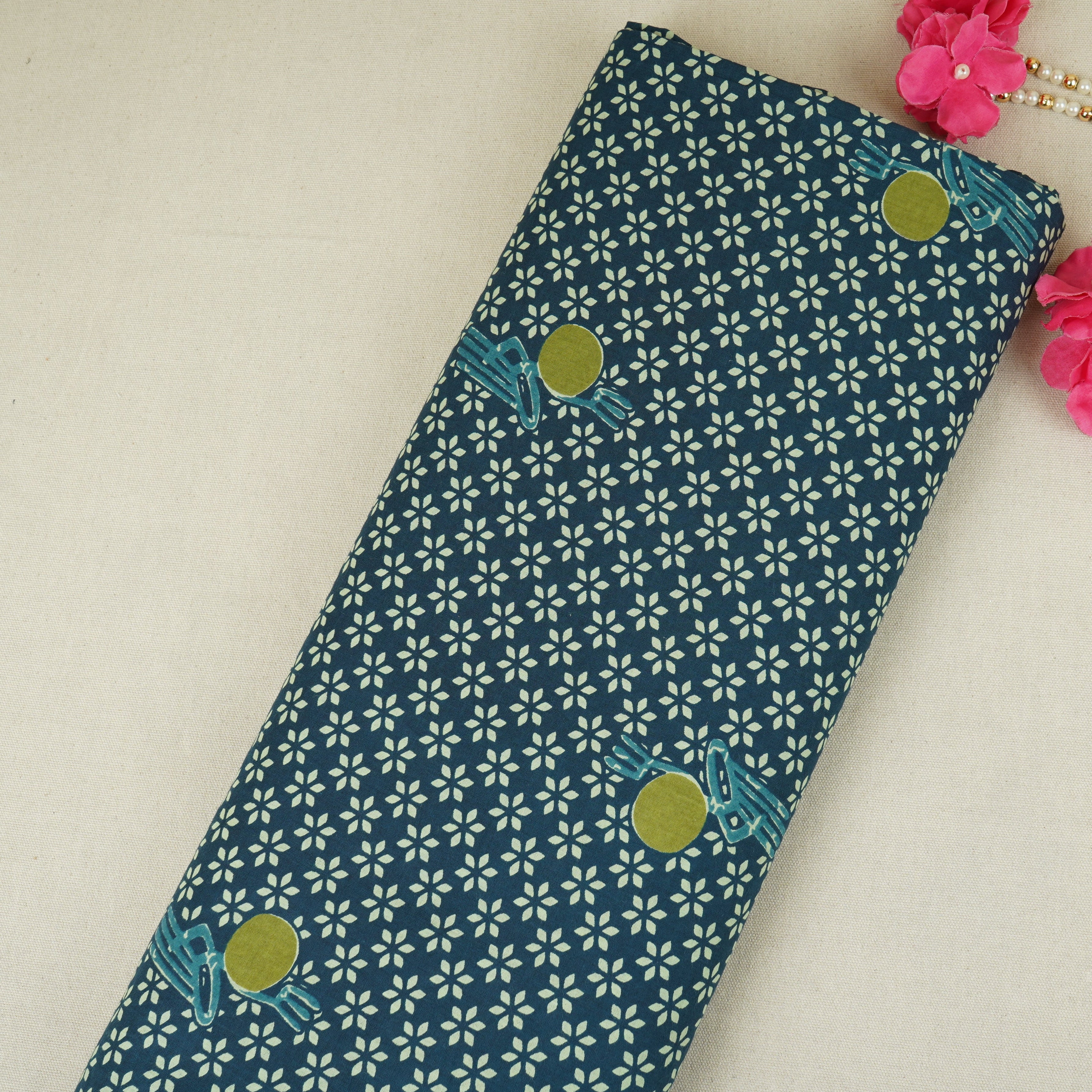 Blue Floral Print Cotton Fabric MFR-29840 - TradeUNO