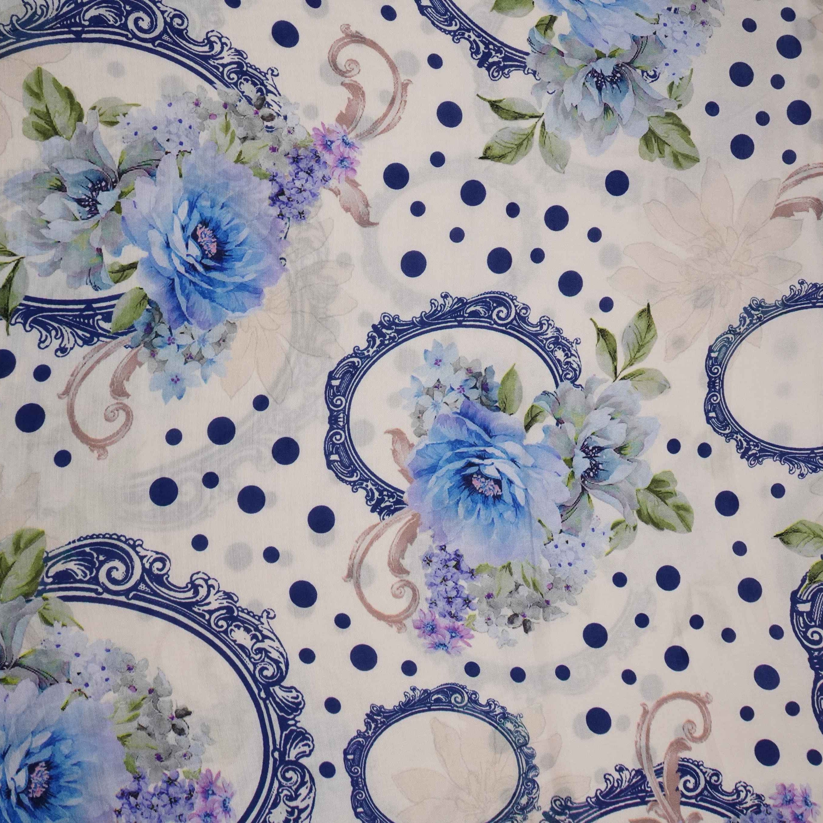 Royal Blue Floral Print Muslin Fabric MF-30179