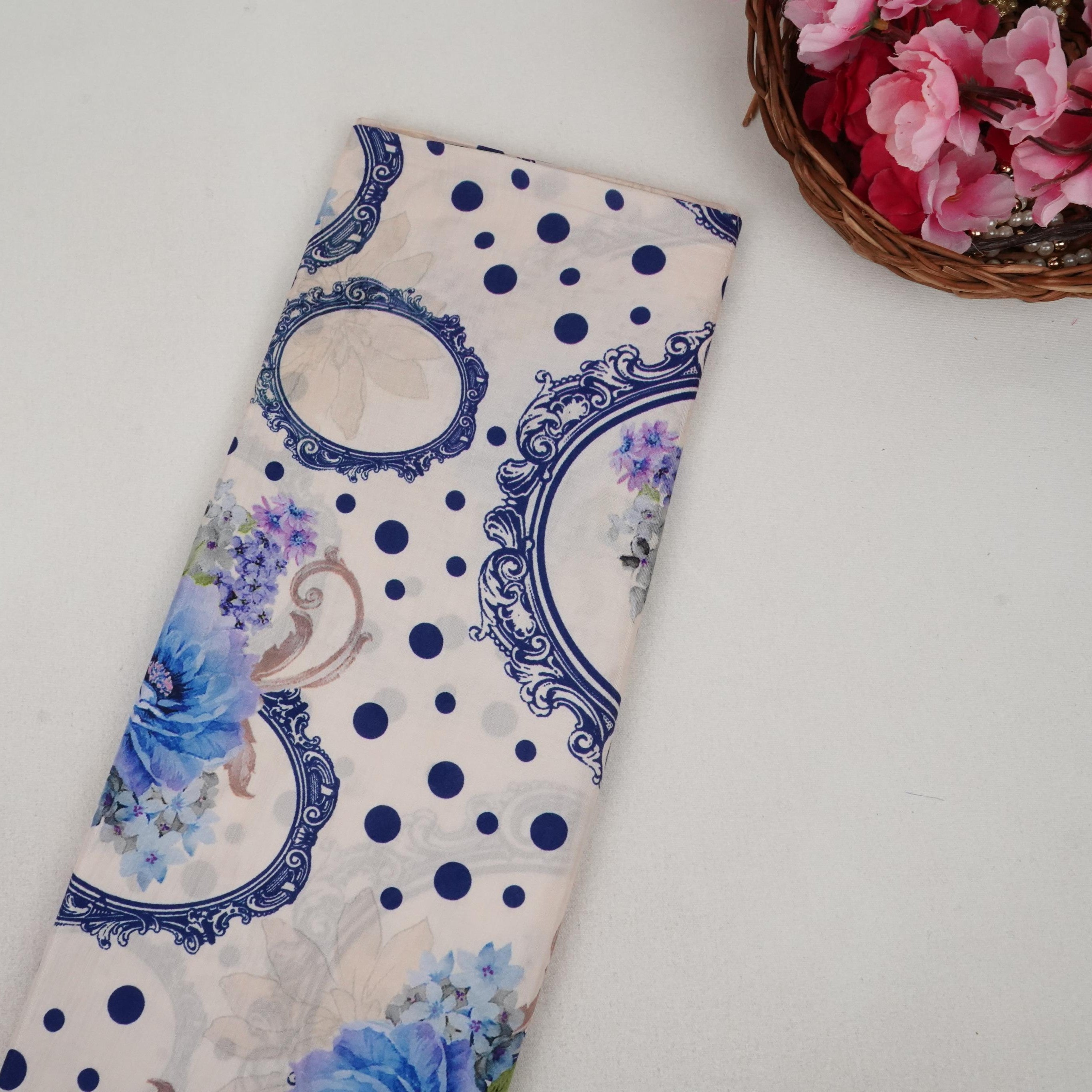 Royal Blue Floral Print Muslin Fabric MF-30179