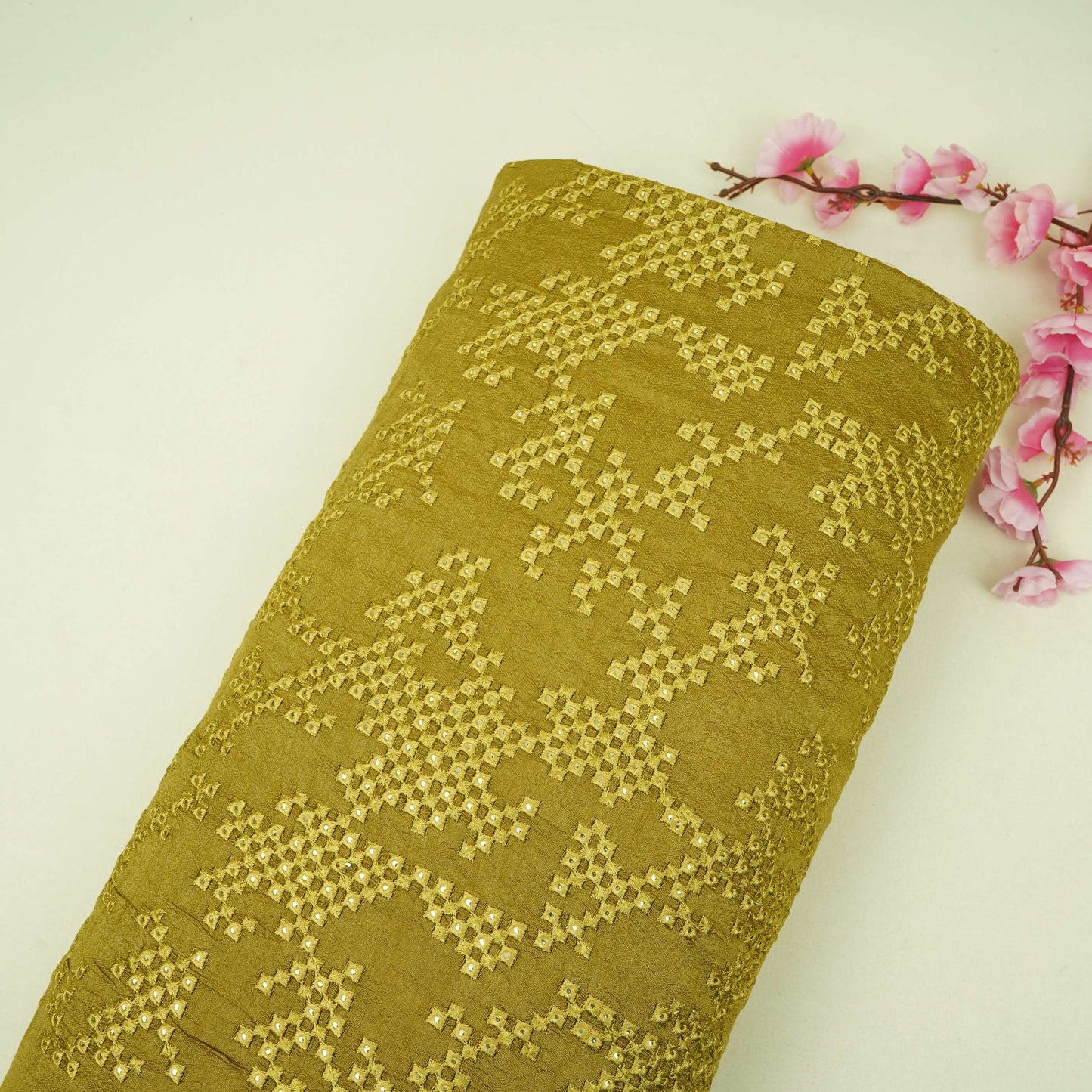 Olive Green Geometric embroidery Raw Silk Fabric VFS-31854