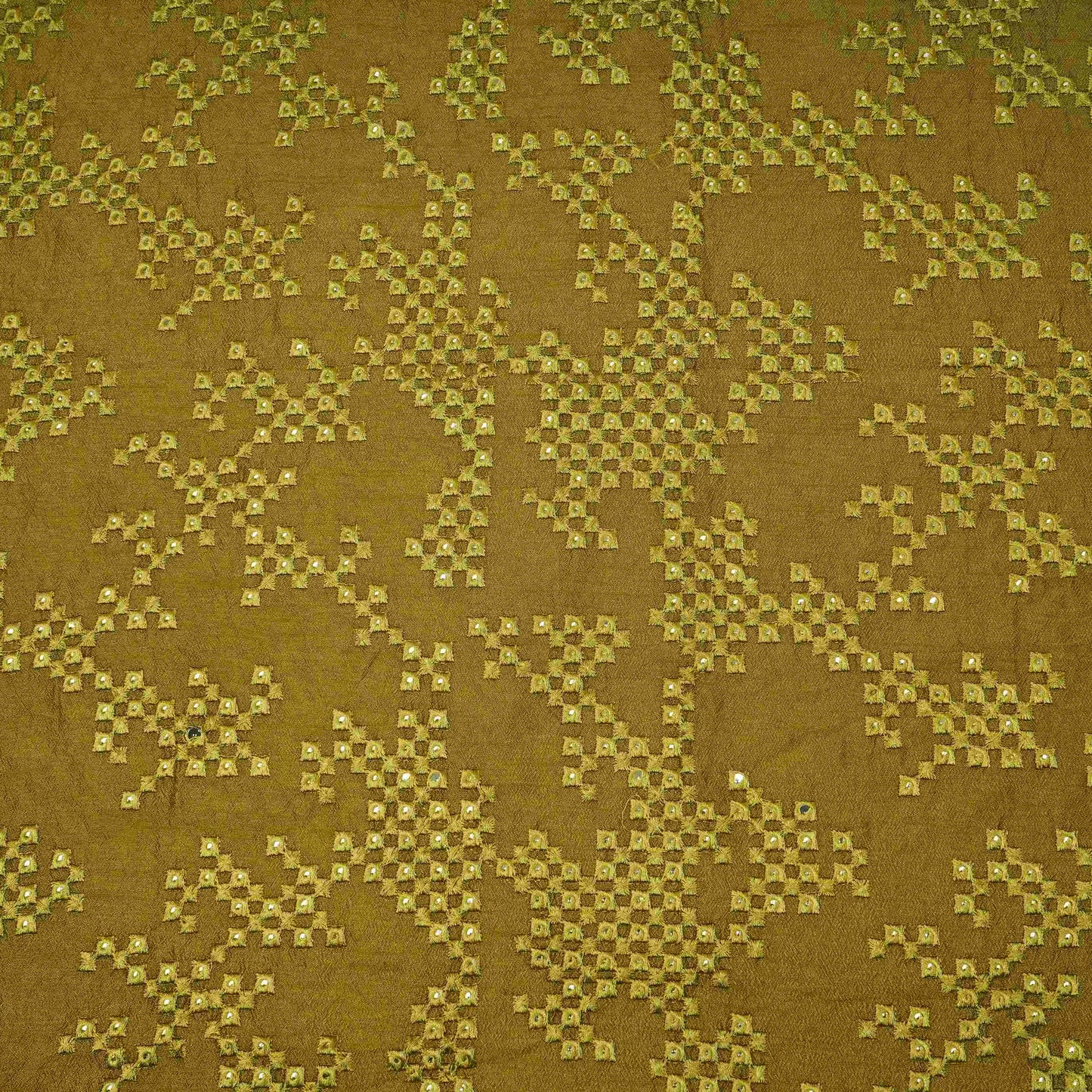 Olive Green Geometric embroidery Raw Silk Fabric VFS-31854