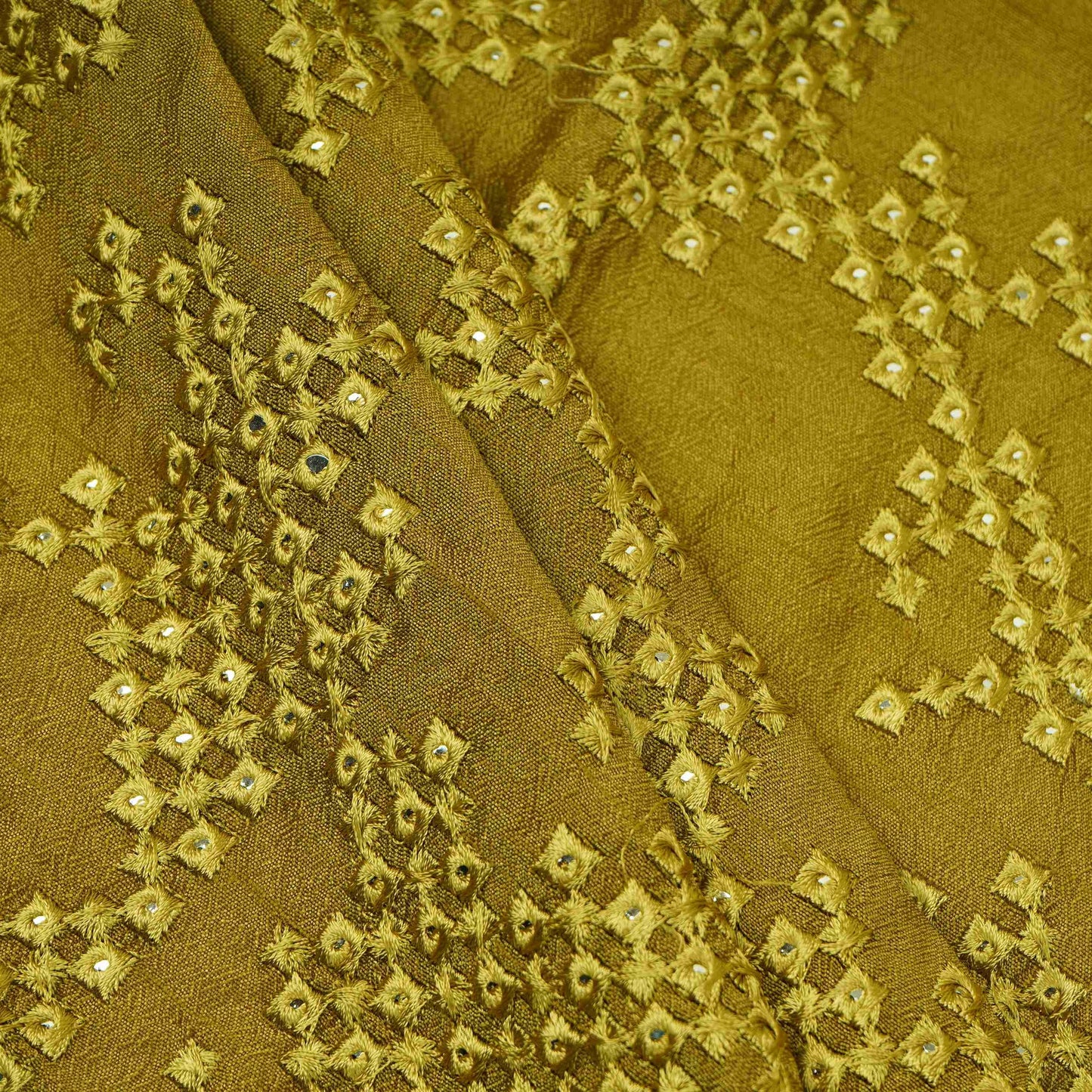 Olive Green Geometric embroidery Raw Silk Fabric VFS-31854