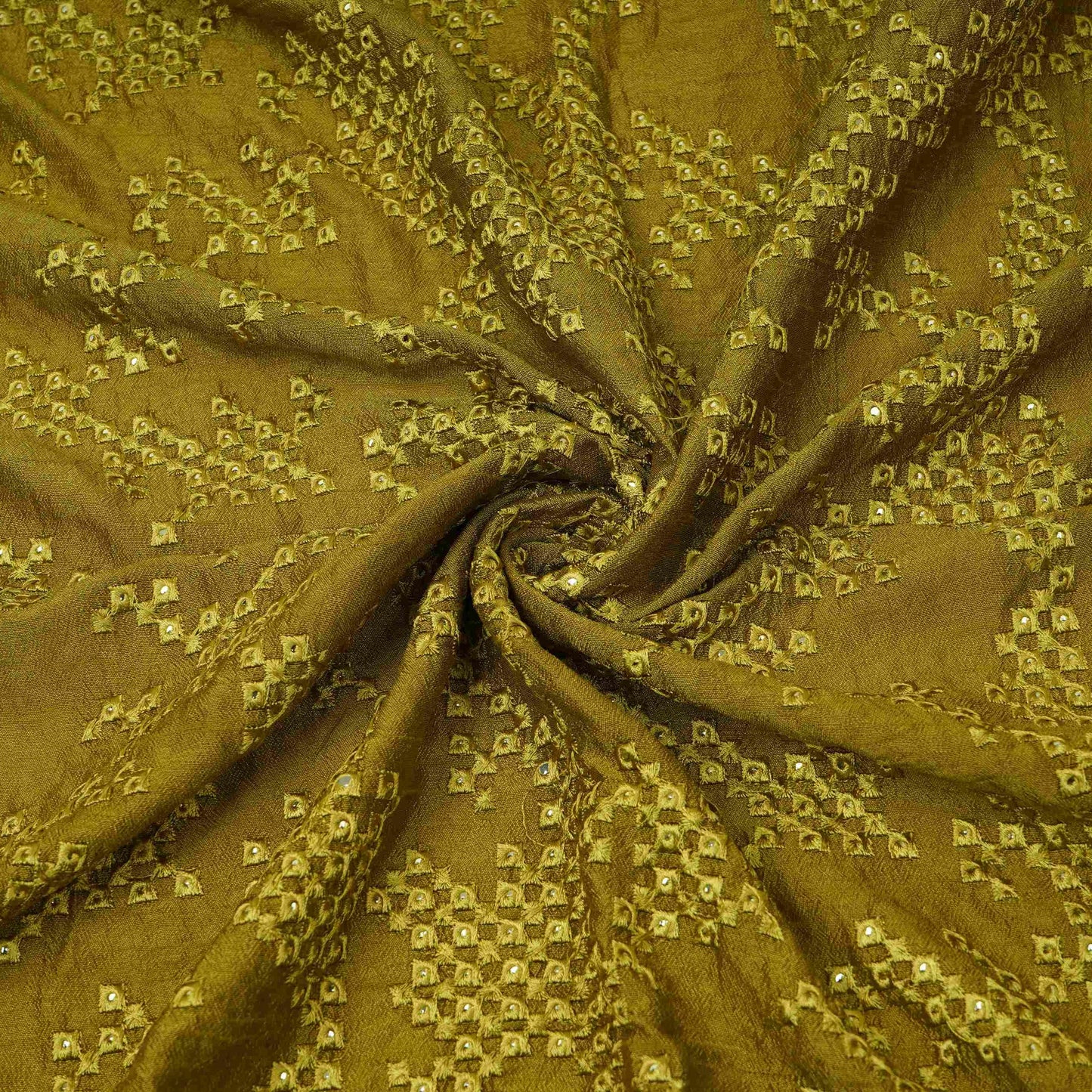 Olive Green Geometric embroidery Raw Silk Fabric VFS-31854