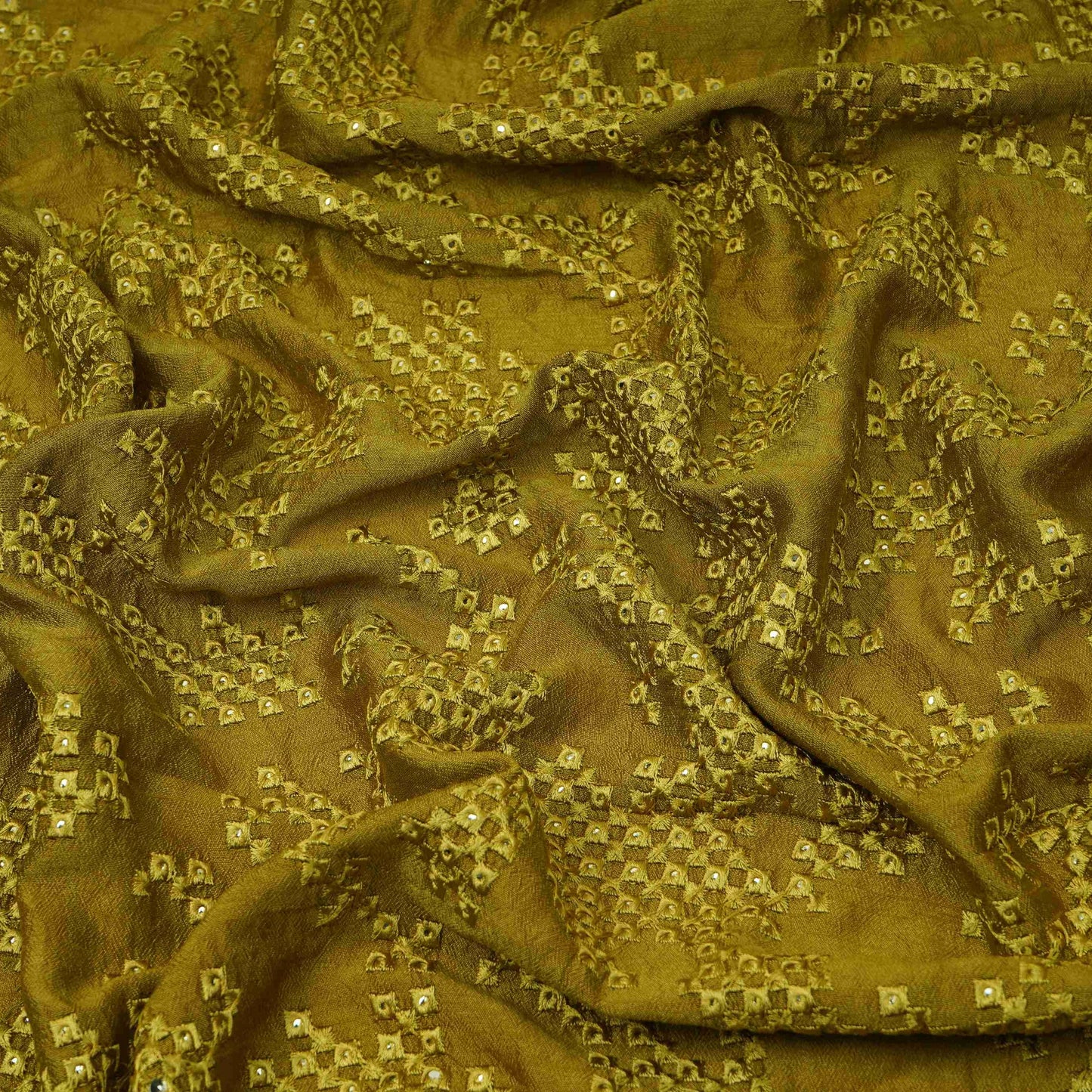 Olive Green Geometric embroidery Raw Silk Fabric VFS-31854