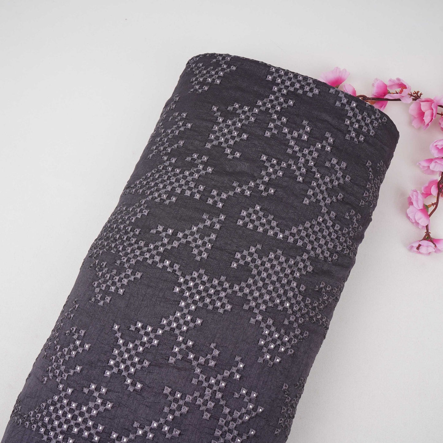 Charcoal Grey Geometric embroidery Raw Silk Fabric VFS-31855