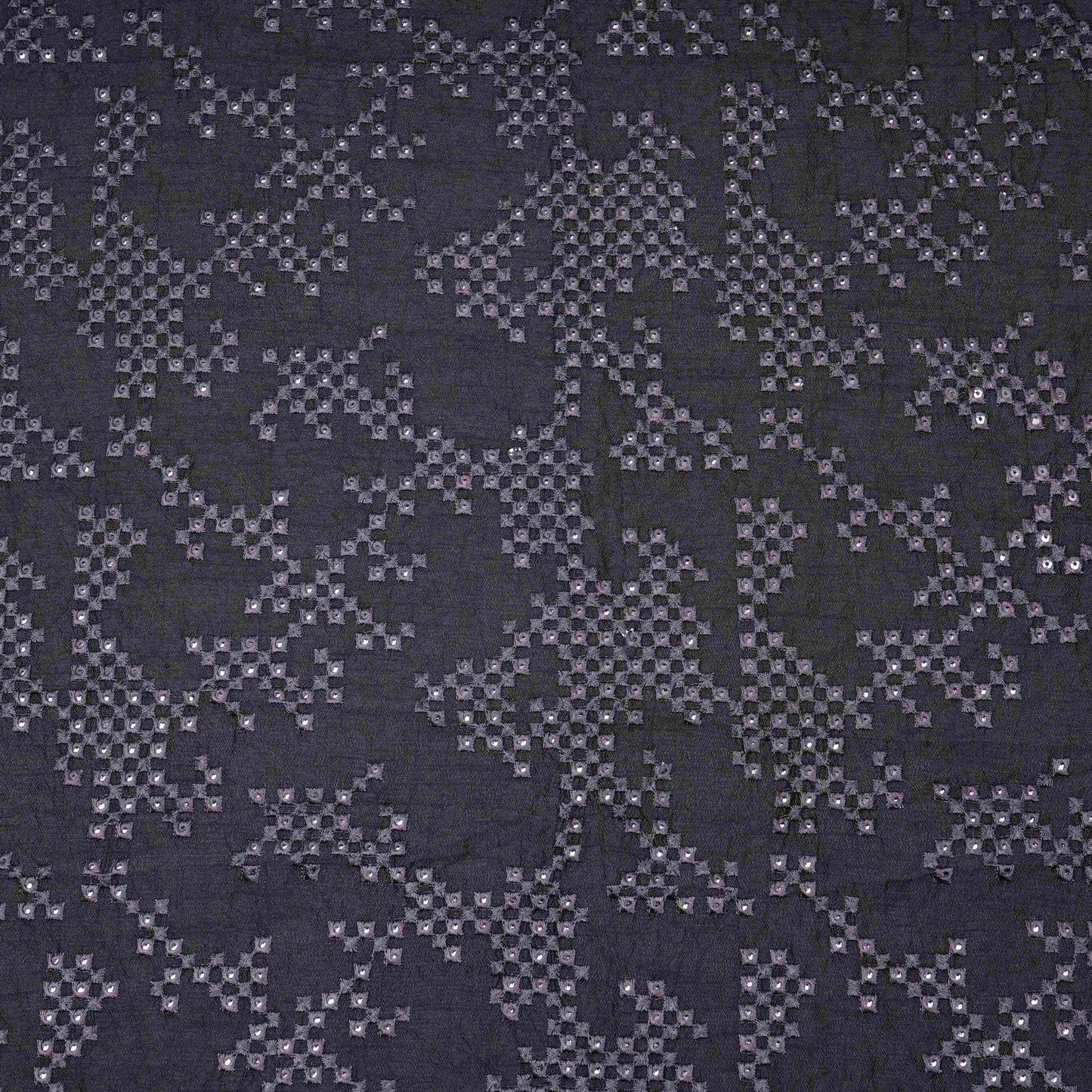 Charcoal Grey Geometric embroidery Raw Silk Fabric VFS-31855