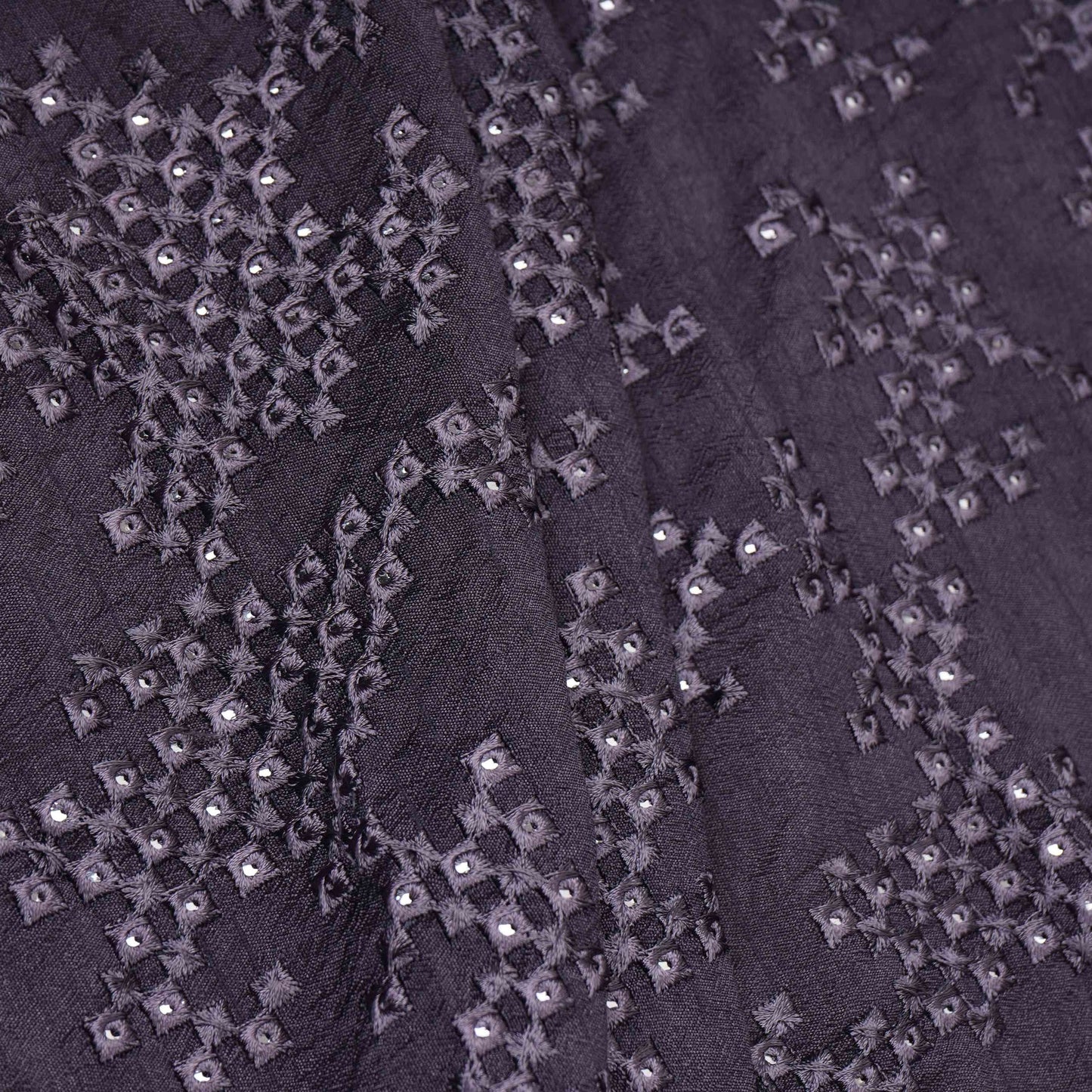 Charcoal Grey Geometric embroidery Raw Silk Fabric VFS-31855