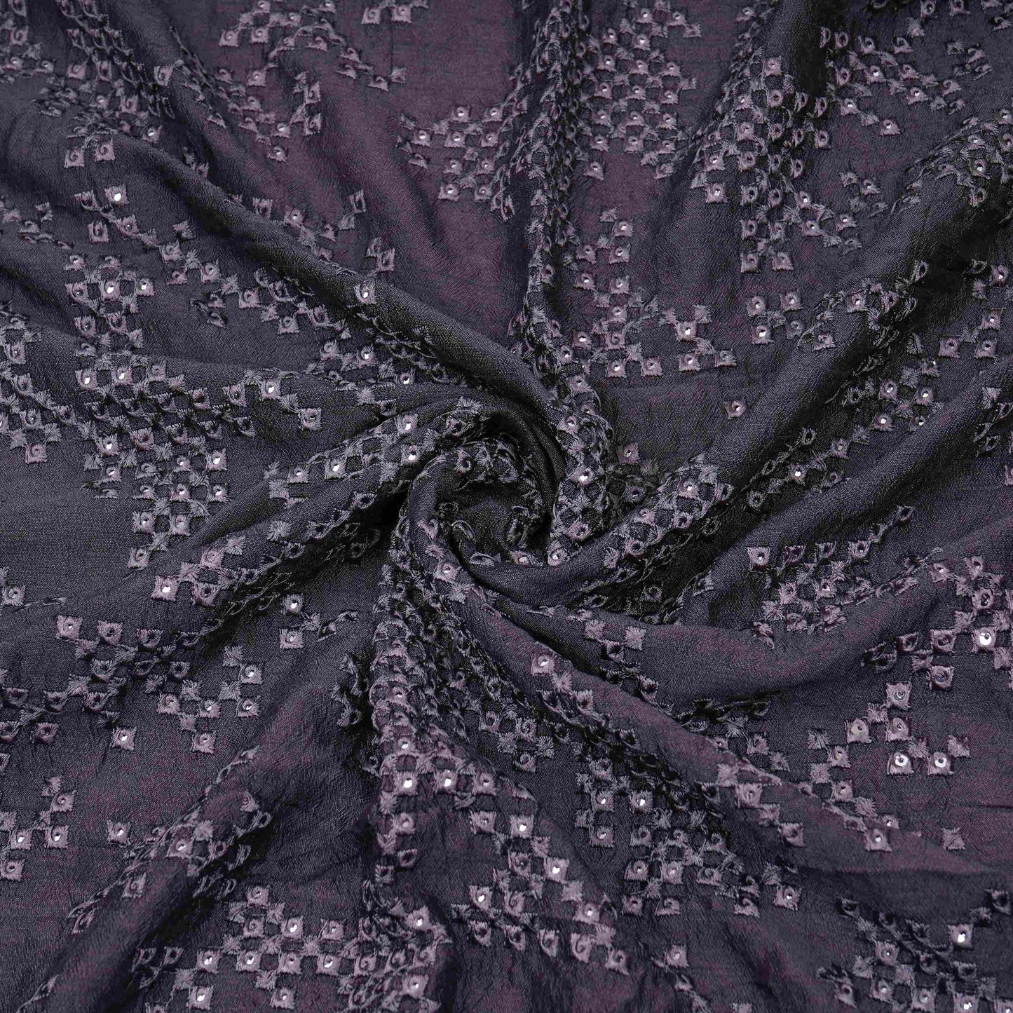 Charcoal Grey Geometric embroidery Raw Silk Fabric VFS-31855