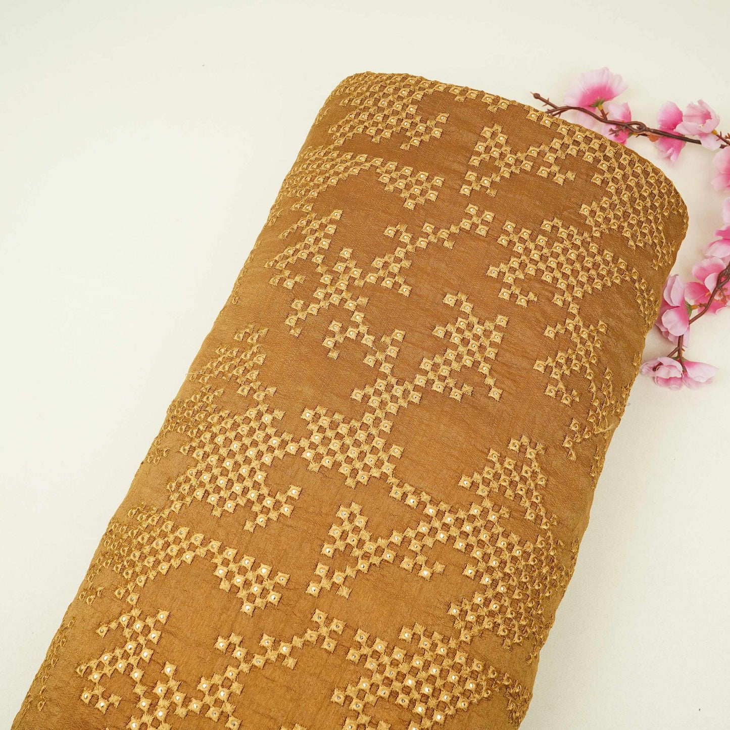 Antique Gold Geometric embroidery Raw Silk Fabric VFS-31853