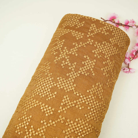 Antique Gold Geometric embroidery Raw Silk Fabric VFS-31853 - TradeUNO