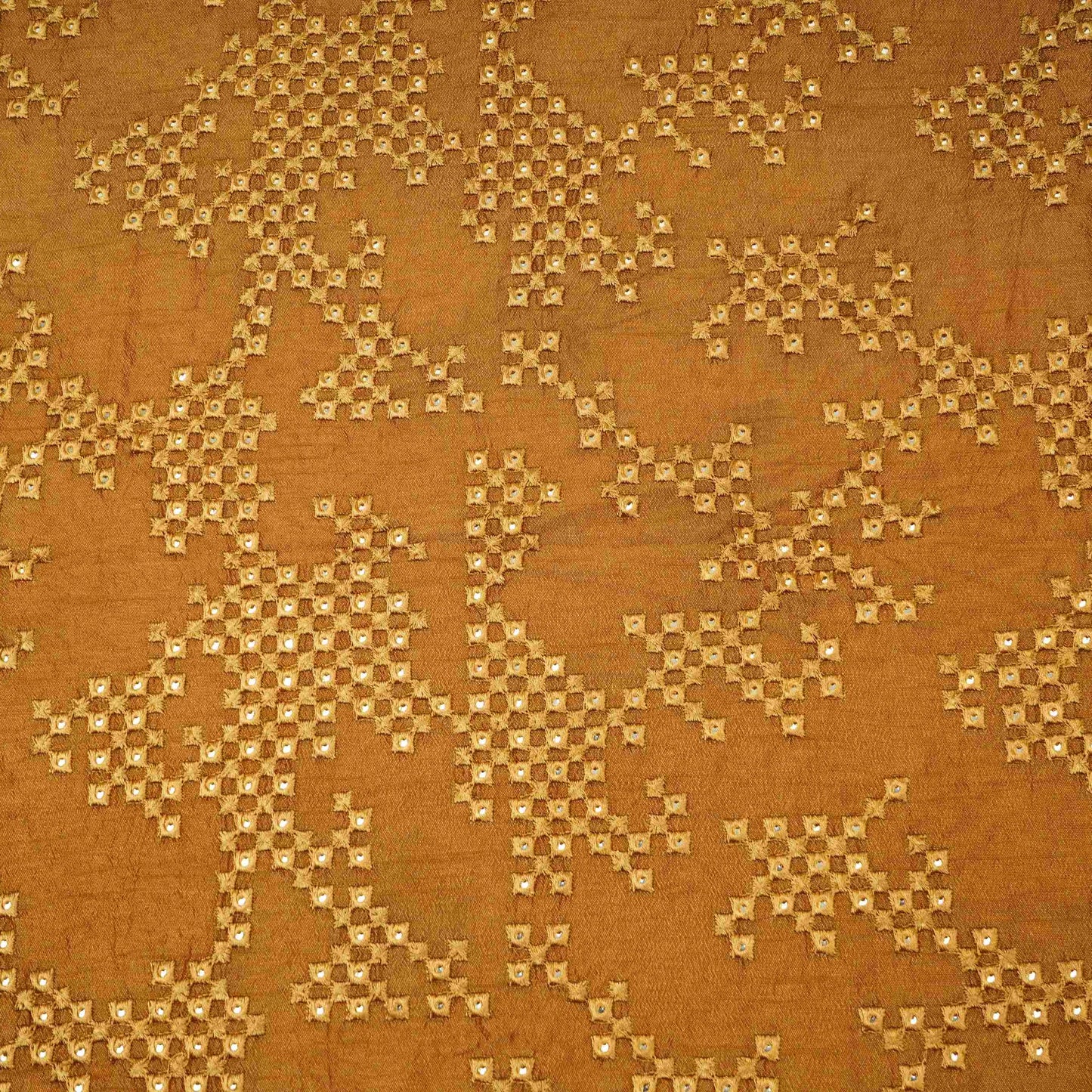 Antique Gold Geometric embroidery Raw Silk Fabric VFS-31853
