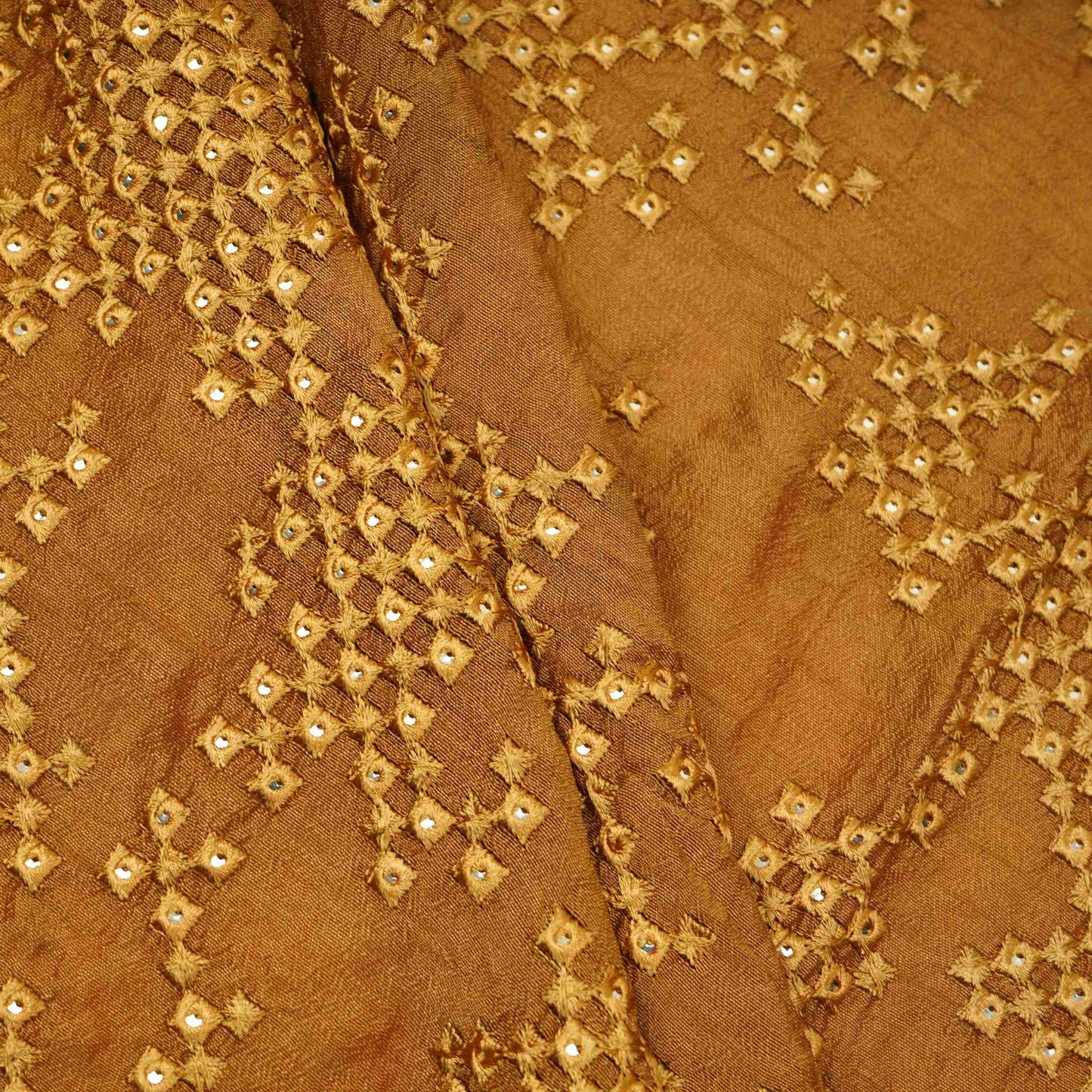 Antique Gold Geometric embroidery Raw Silk Fabric VFS-31853