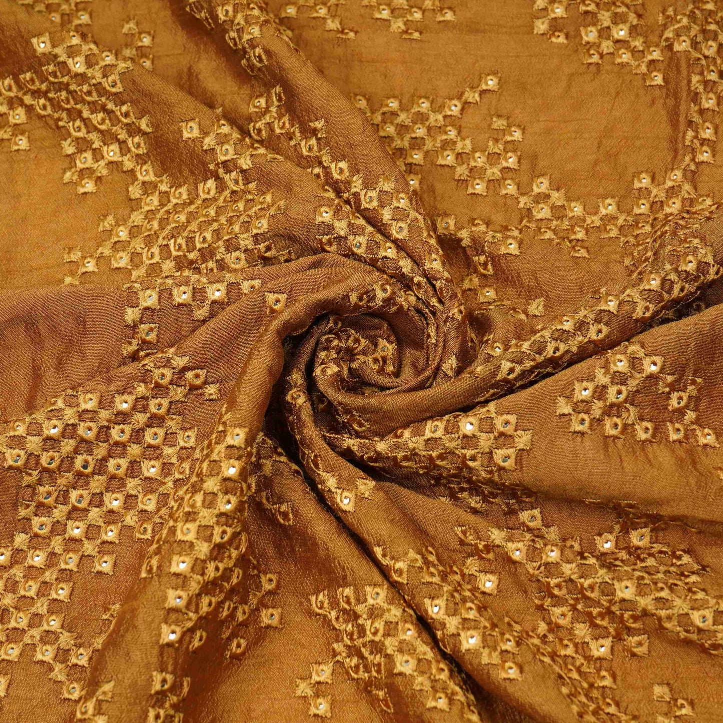 Antique Gold Geometric embroidery Raw Silk Fabric VFS-31853