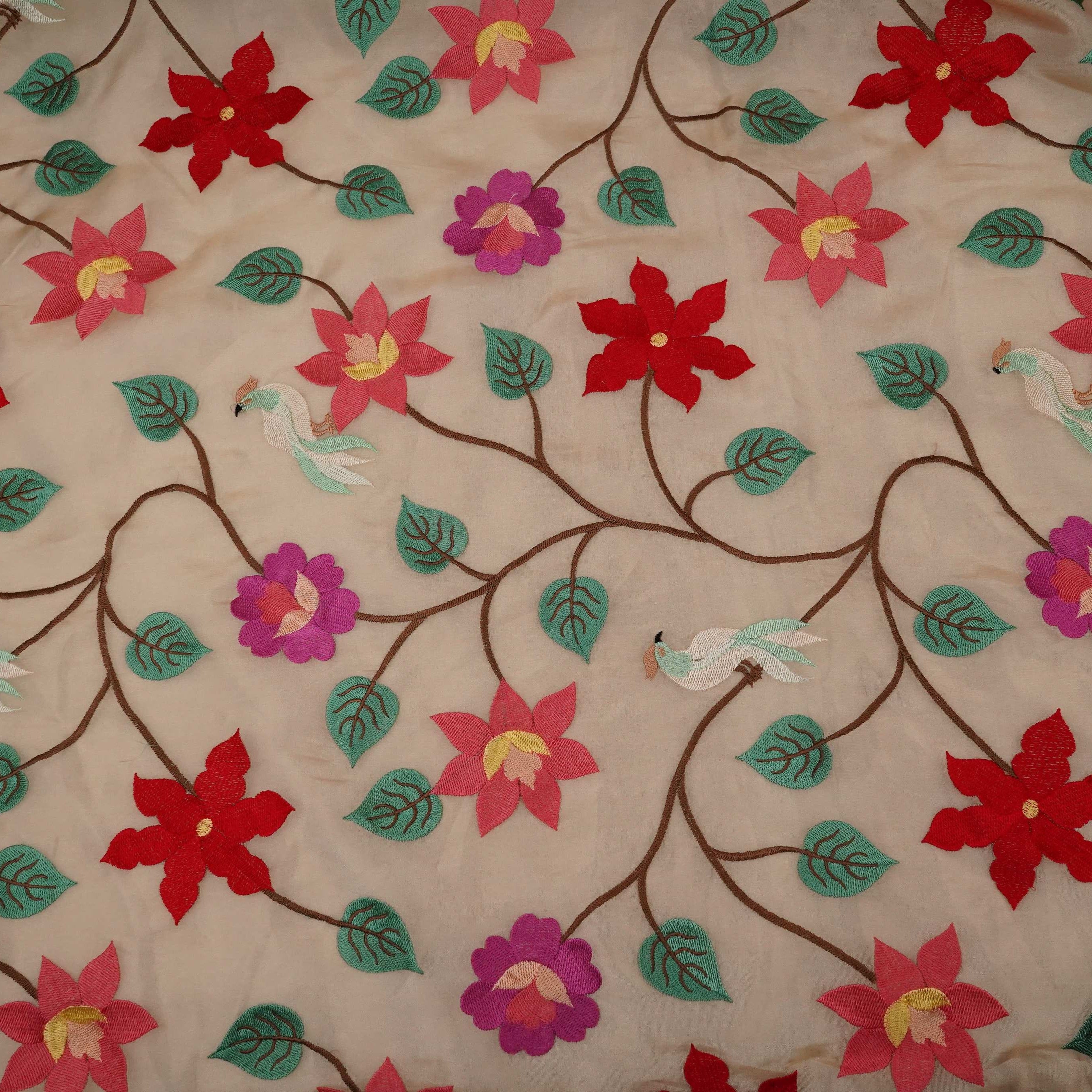 Beige with Multicolor thread floral embroidery Kanjivaram Silk Fabric TF-31441