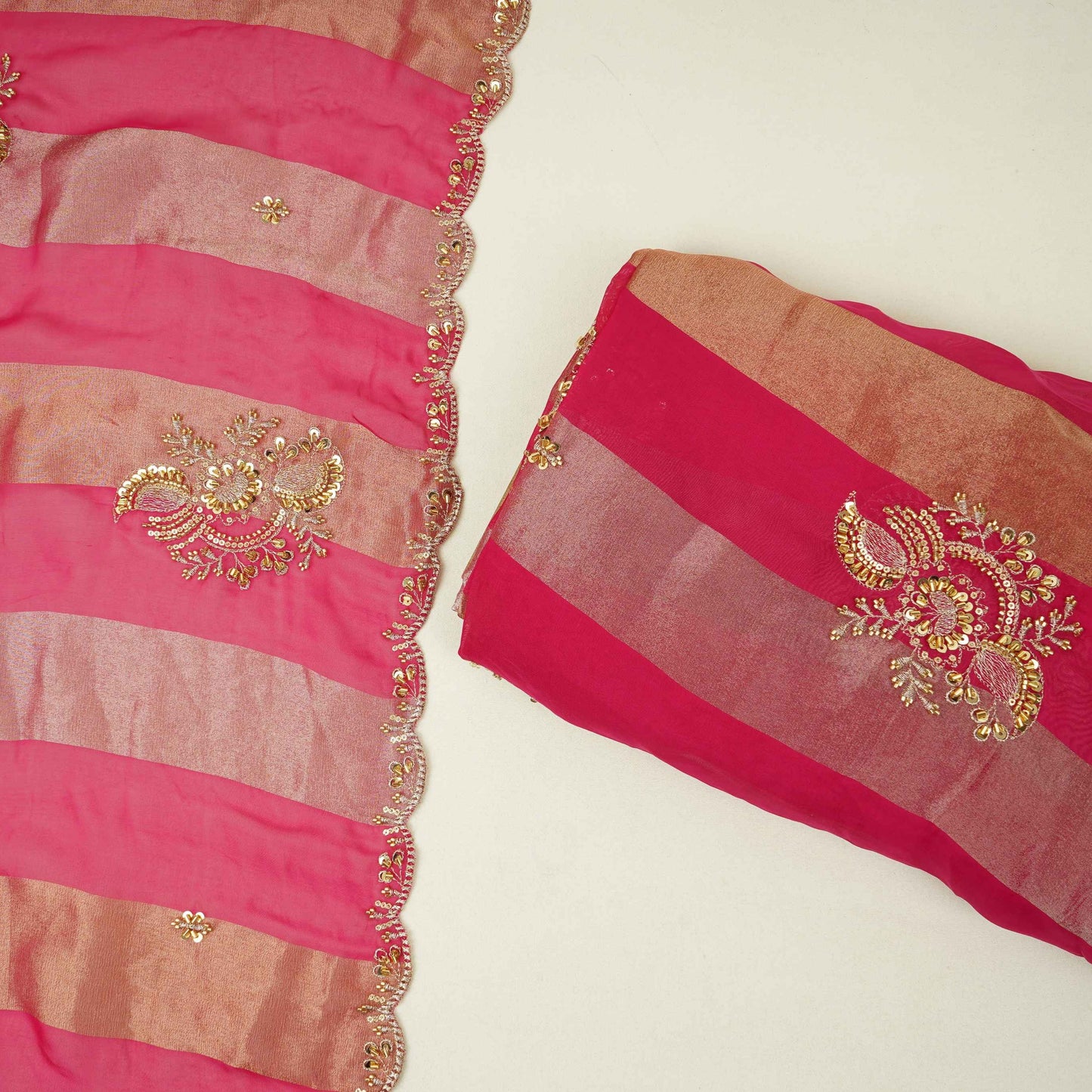 Rani Pink Stripes cutdana embroidery Tissue Fabric VFS-31695