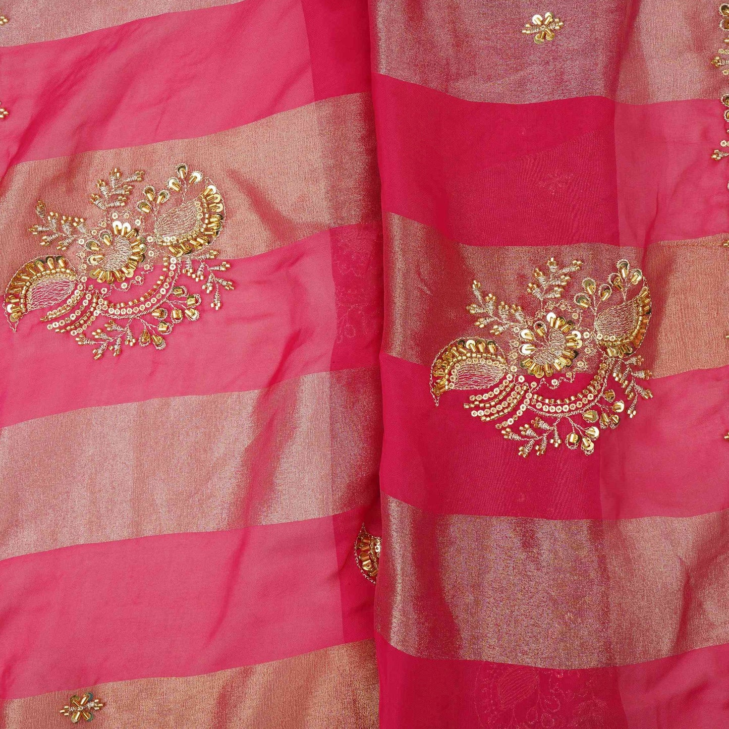 Rani Pink Stripes cutdana embroidery Tissue Fabric VFS-31695