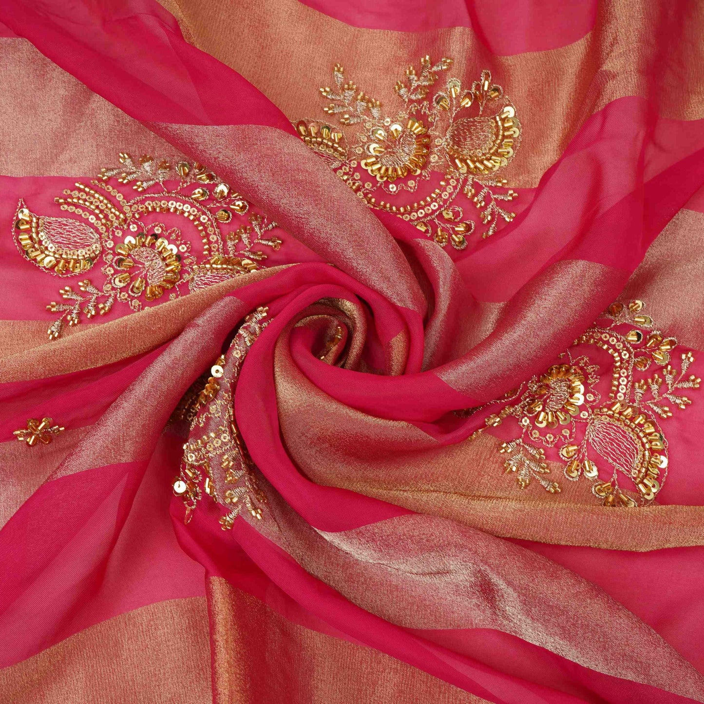 Rani Pink Stripes cutdana embroidery Tissue Fabric VFS-31695