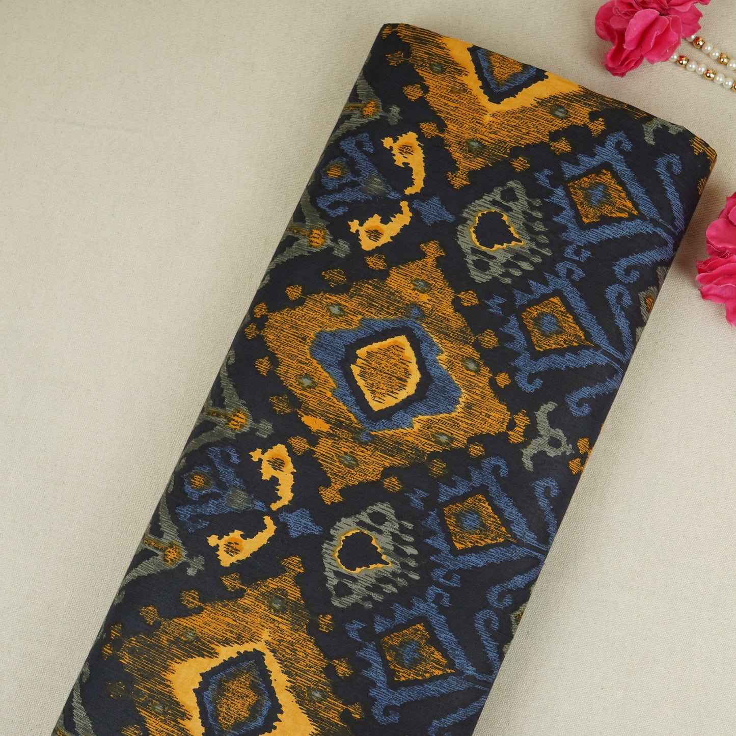 Yellow & Black Ikkat Print Cotton Fabric MFR-29851