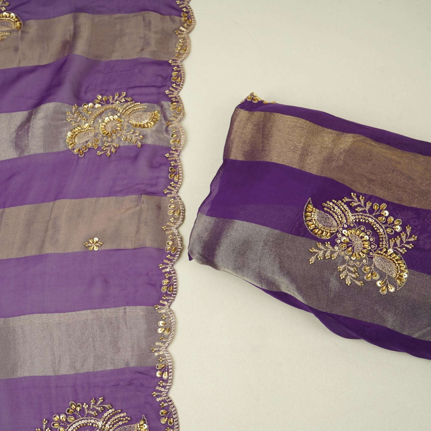 Violet Stripes cutdana embroidery Tissue Fabric VFS-31696