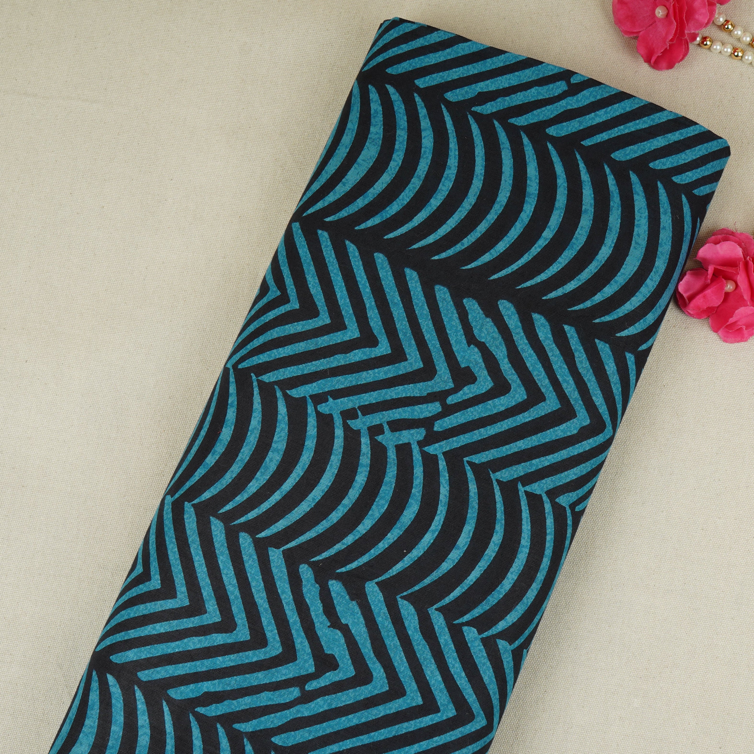 Blue & Black Abstract Print Cotton Fabric MFR-29854 - TradeUNO
