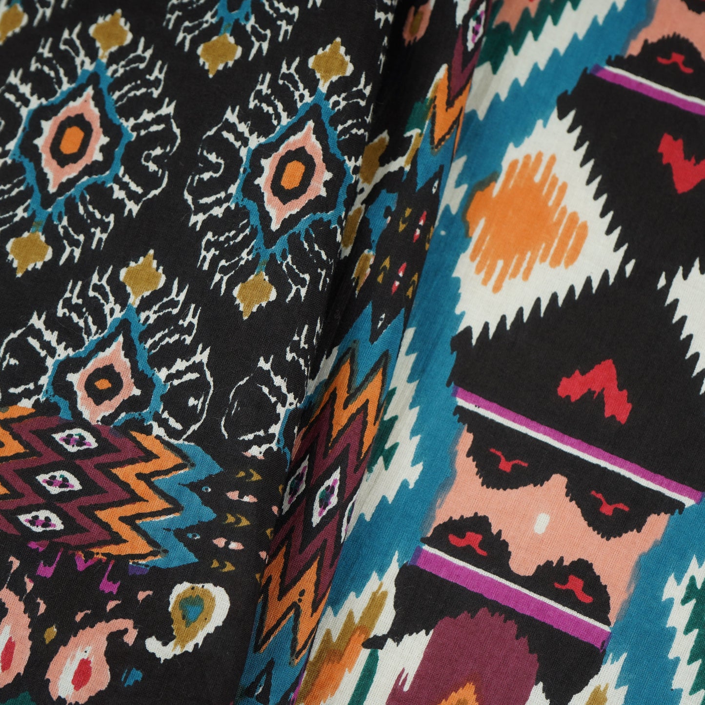 Black with Multicolor Geomatrical Print Cotton Fabric MFR-29835