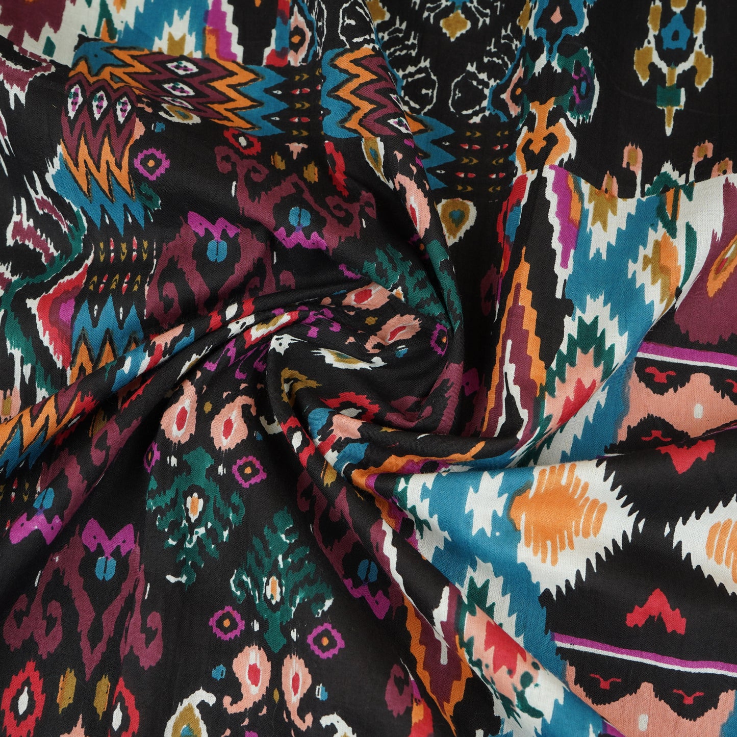 Black with Multicolor Geomatrical Print Cotton Fabric MFR-29835