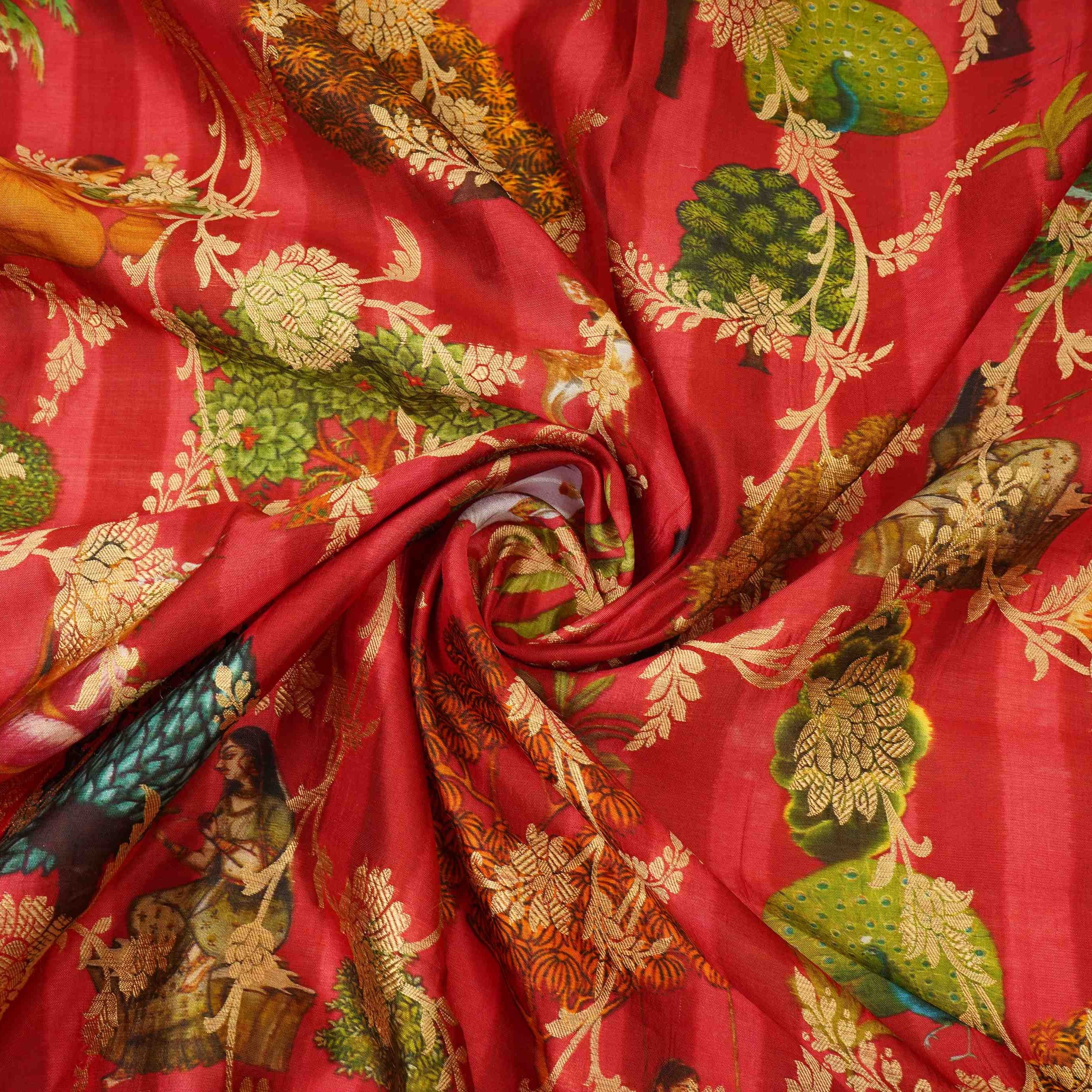 Magenta Pichwai Jacquard stripes Raw Mango Silk Fabric CW-31584 - TradeUNO