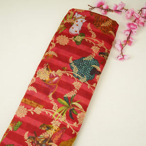 Magenta Pichwai Jacquard stripes Raw Mango Silk Fabric CW-31584 - TradeUNO