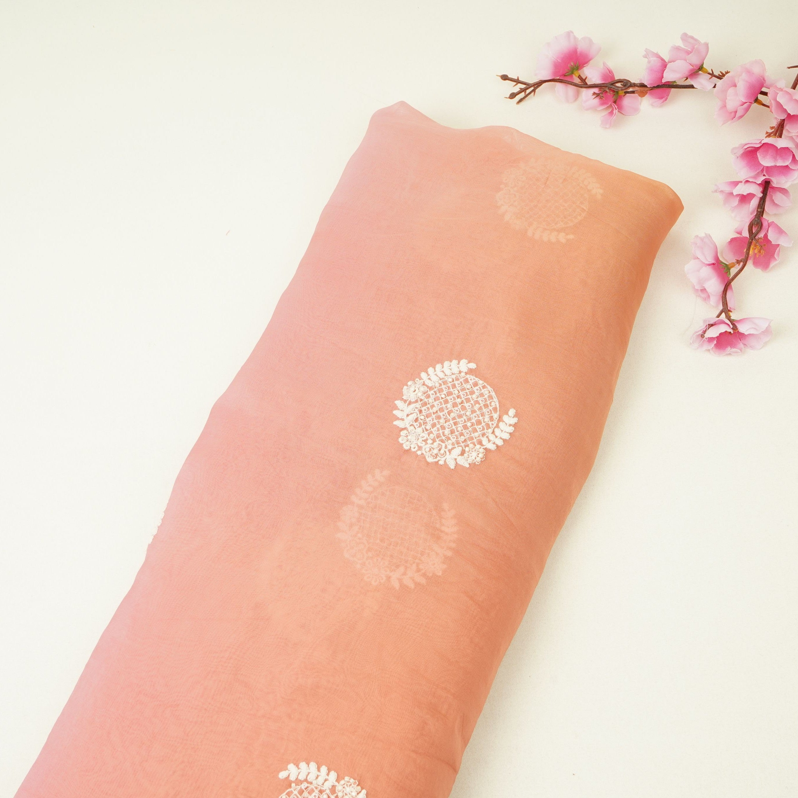 Coral Pink with Multicolor 4D thread embroidery Organza Fabric VFS-31674 - TradeUNO