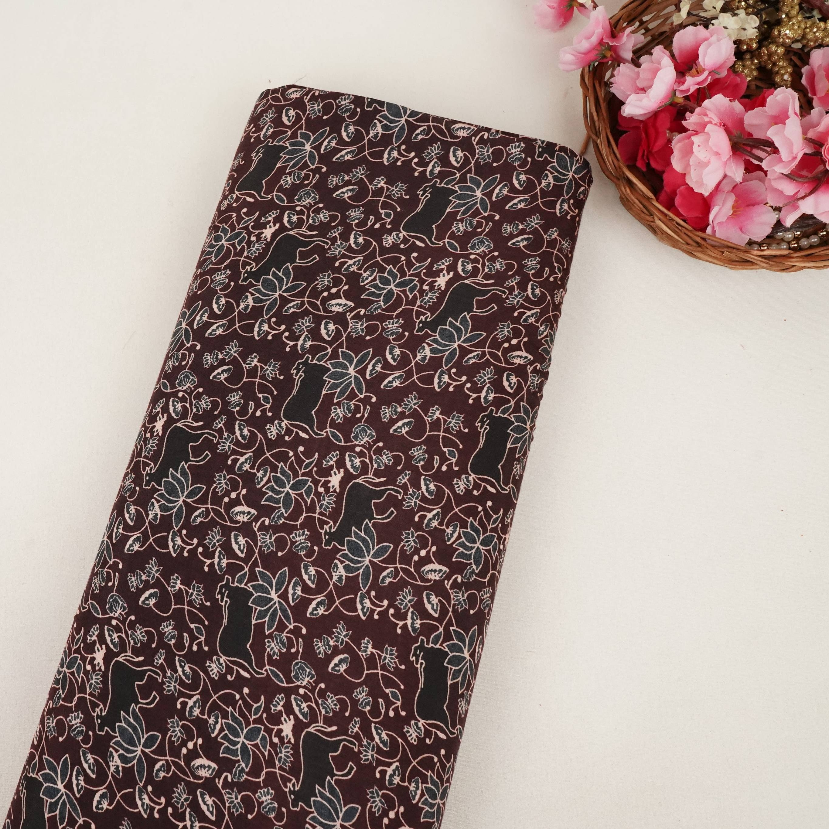 Wine Pichwai Print Muslin Fabric