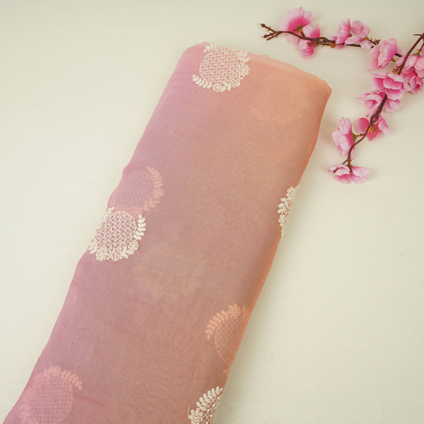 Salmon Pink with Multicolor 4D thread embroidery Organza Fabric VFS-31677