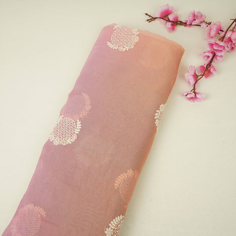Salmon Pink with Multicolor 4D thread embroidery Organza Fabric VFS-31677