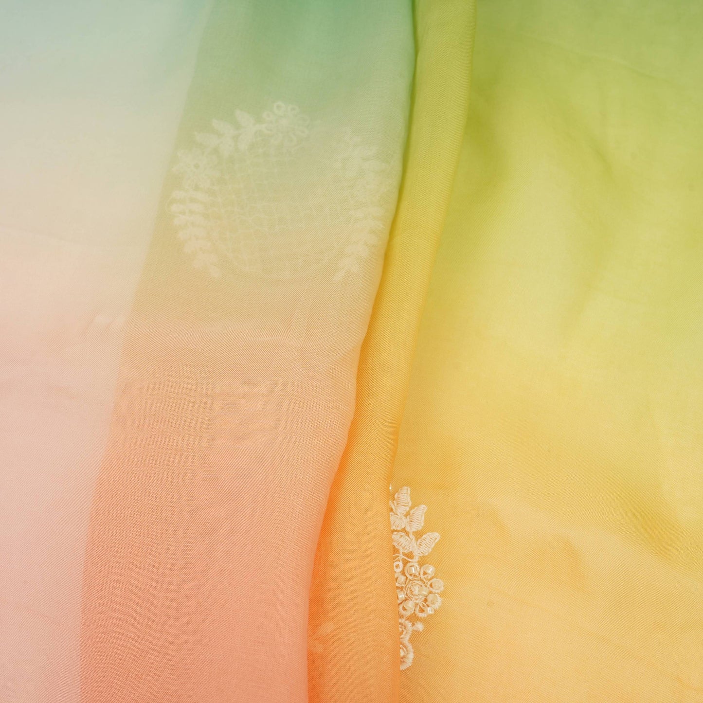 Salmon Pink with Multicolor 4D thread embroidery Organza Fabric VFS-31677