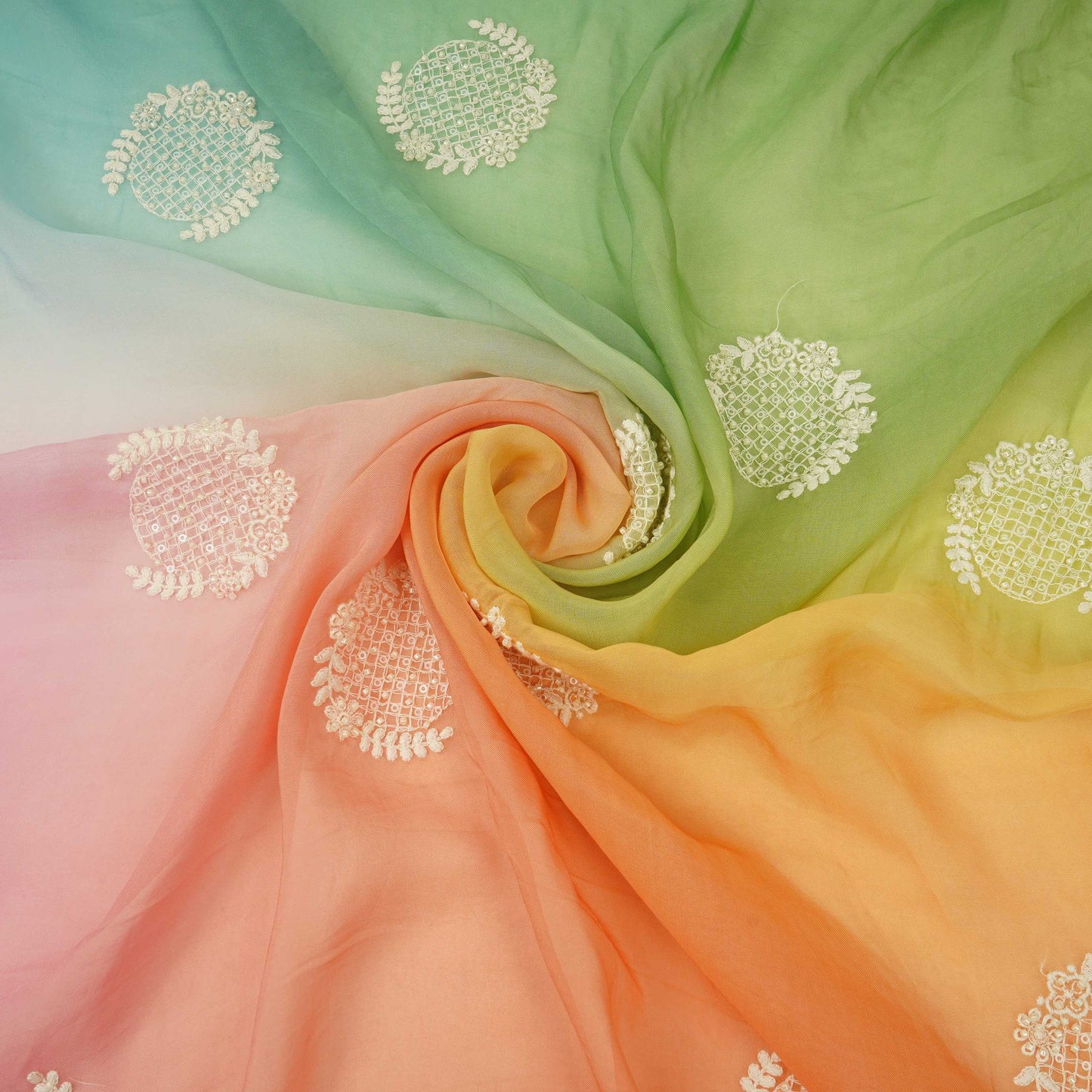 Salmon Pink with Multicolor 4D thread embroidery Organza Fabric VFS-31677