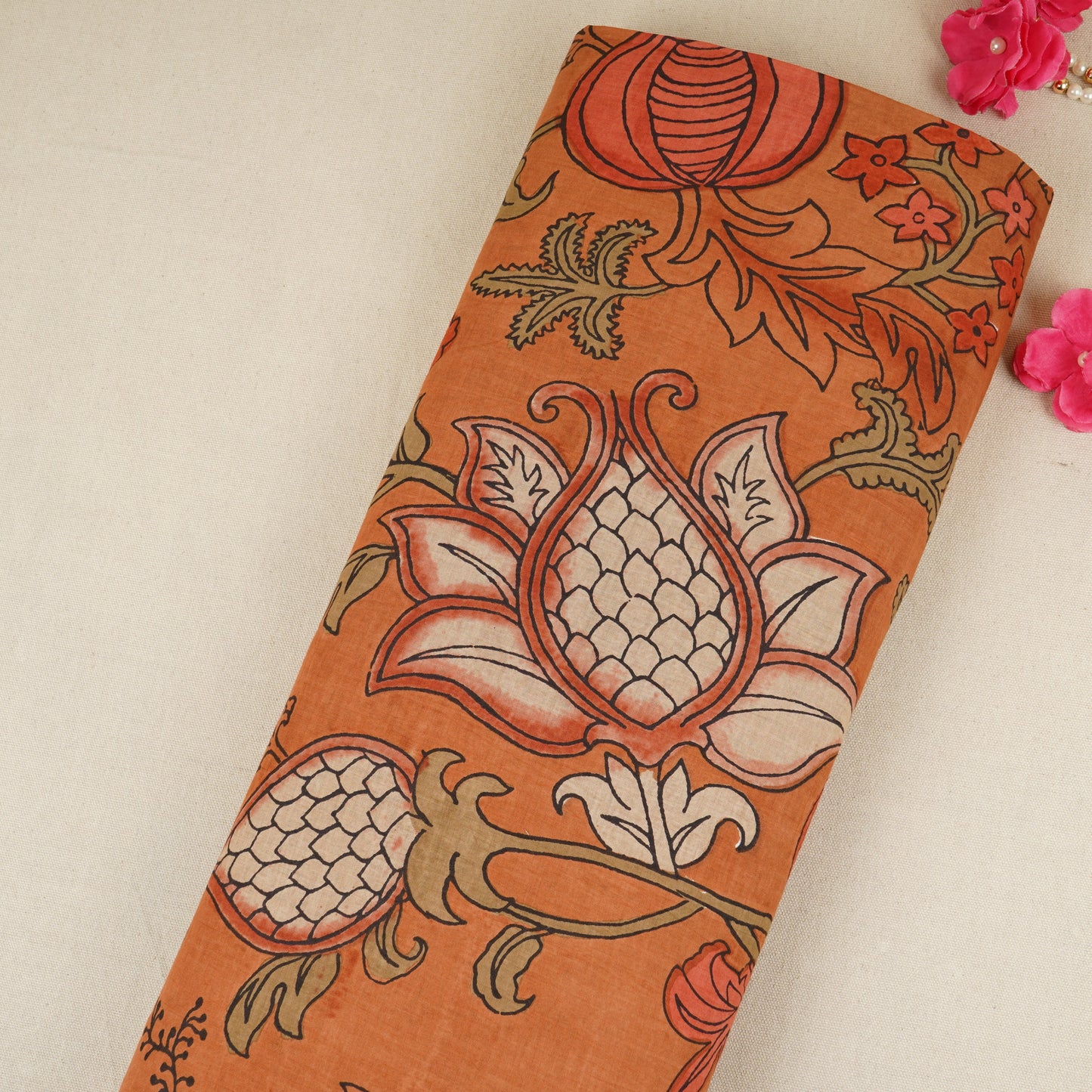Light Brown Kalamkari Print Cotton Fabric MFR-29874
