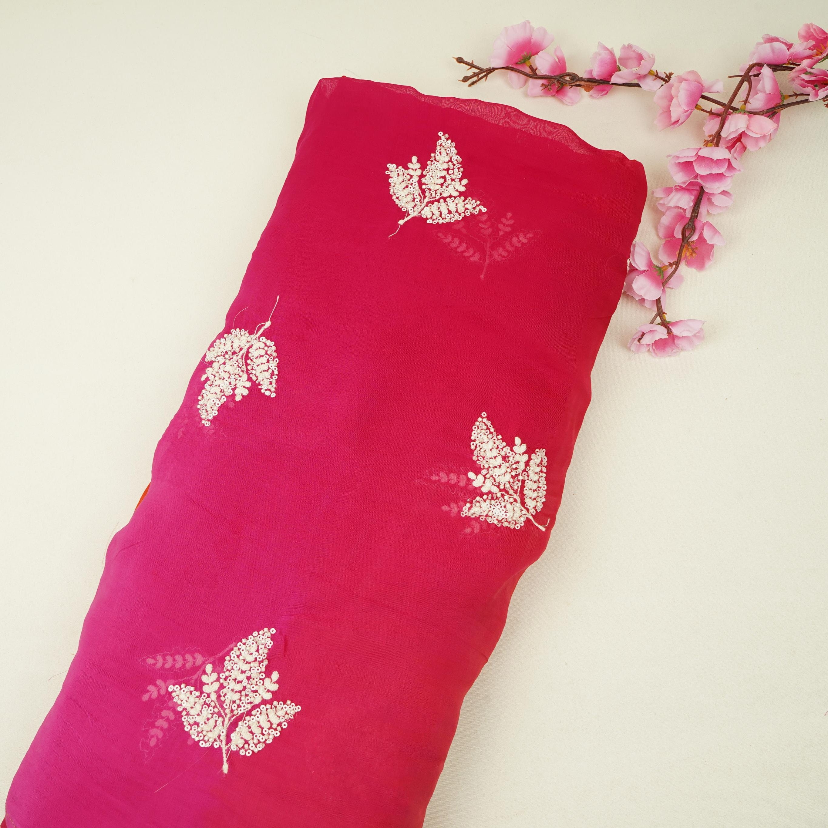 Red with Multicolor 4D thread embroidery Organza Fabric VFS-31680 - TradeUNO