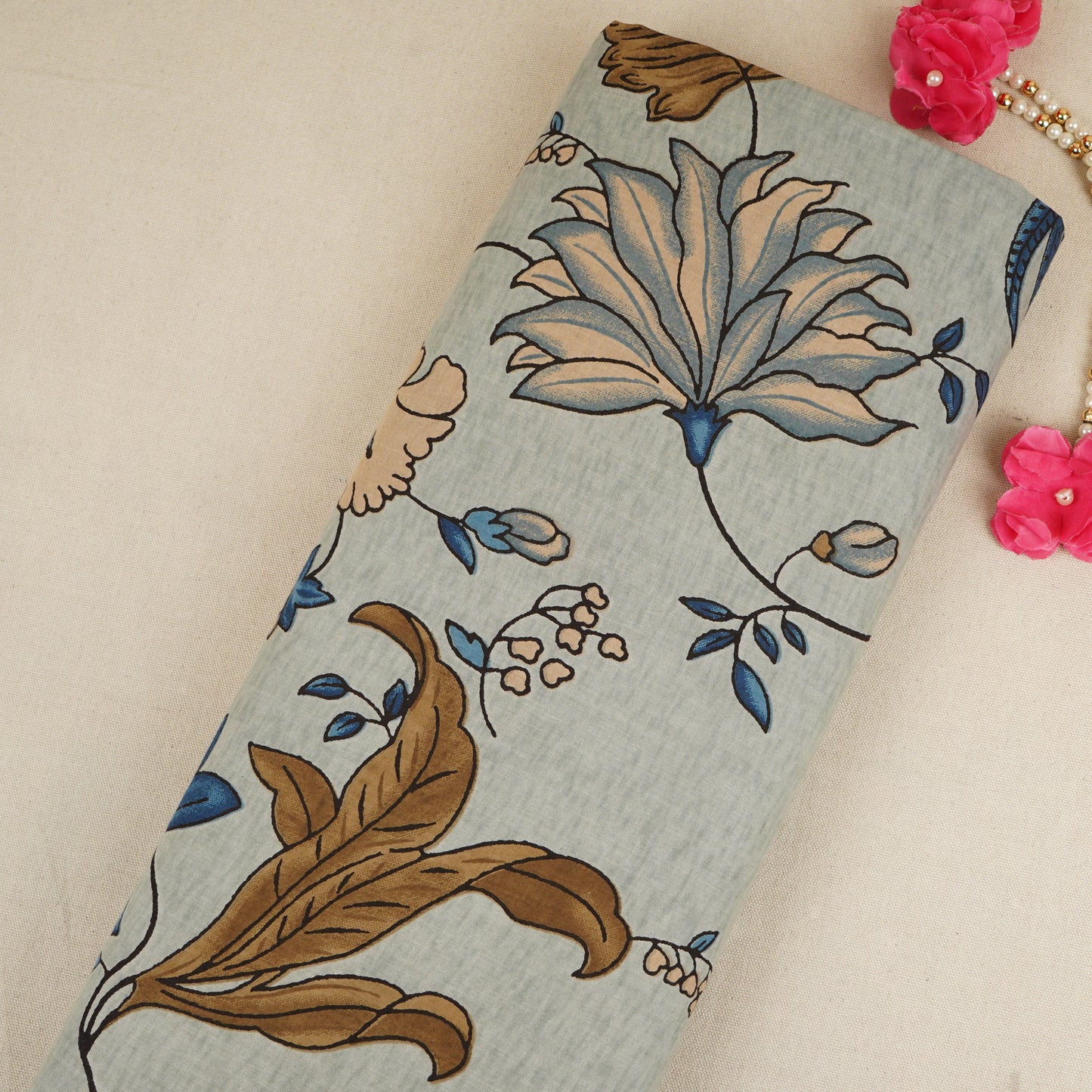 Light Grey with Multicolor Floral Print Cotton Fabric MFR-29880