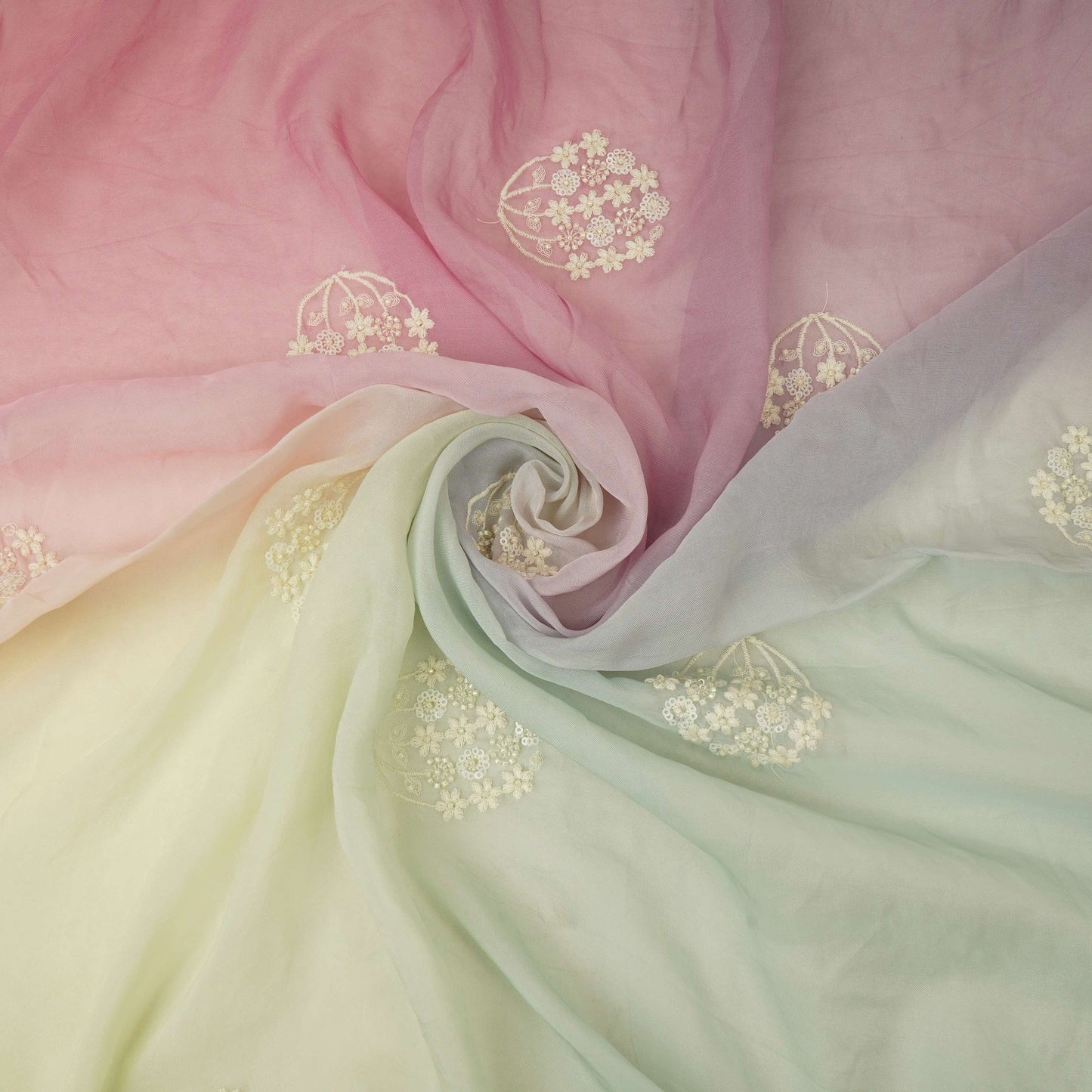 Light Sky Blue with Multicolor 4D thread embroidery Organza Fabric VFS-31672